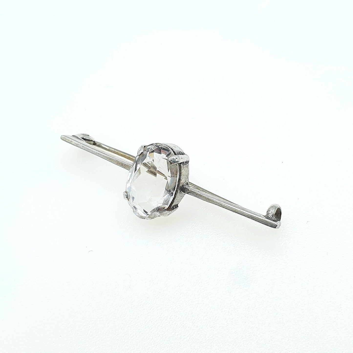 Antique Solid Silver Rock Crystal Brooch Bar Pin White Quartz Genuine White Gemstone Oval Cut Womens Jewelry Jewellery Vintage