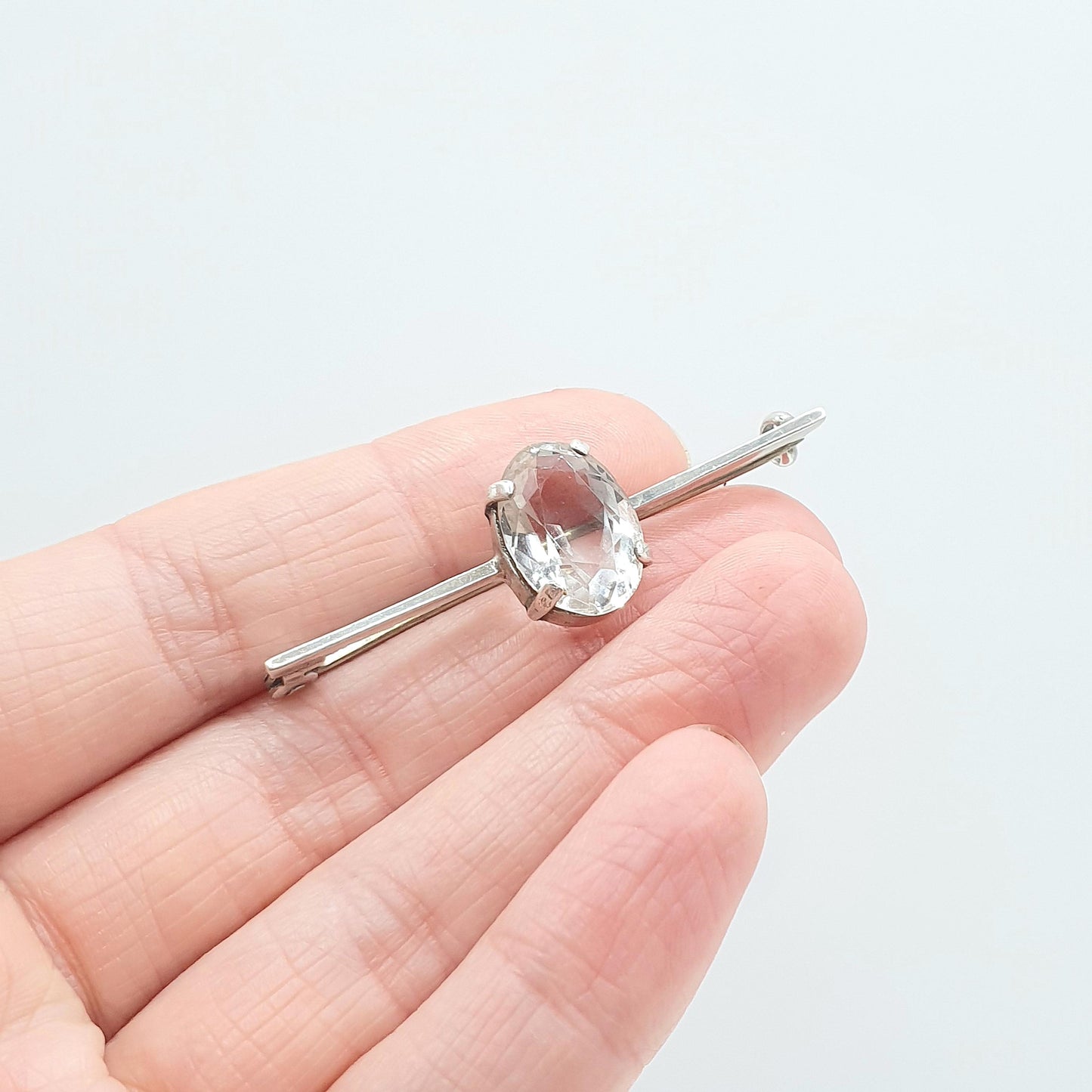 Antique Solid Silver Rock Crystal Brooch Bar Pin White Quartz Genuine White Gemstone Oval Cut Womens Jewelry Jewellery Vintage