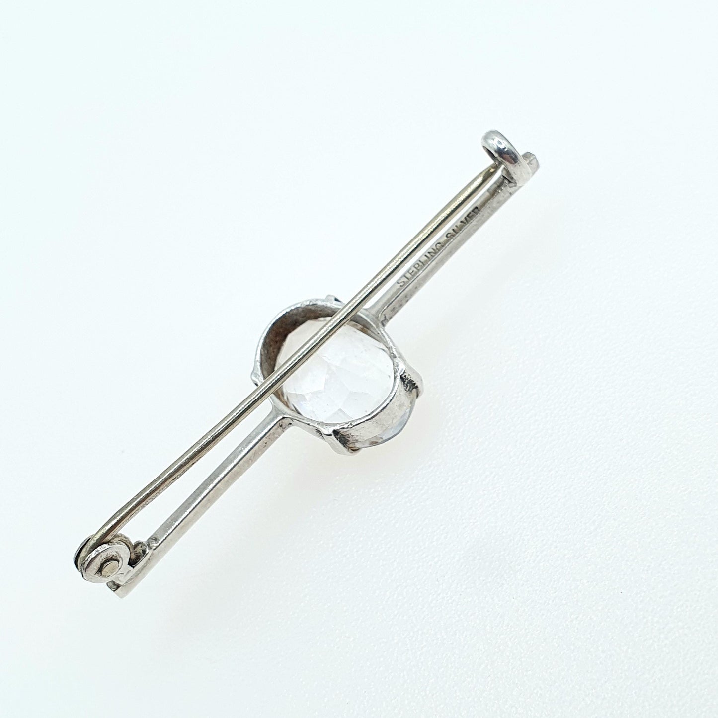Antique Solid Silver Rock Crystal Brooch Bar Pin White Quartz Genuine White Gemstone Oval Cut Womens Jewelry Jewellery Vintage
