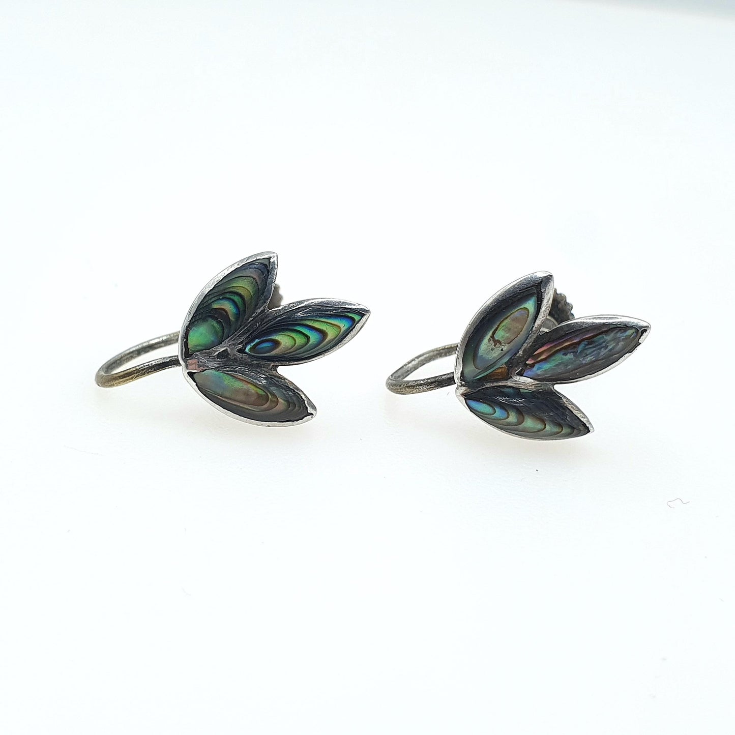 Old Vintage Abalone Shell Sterling Silver Earrings Rainbow Shell New Zealand Leaf Shape Jewellery Womens Jewelry Ladies