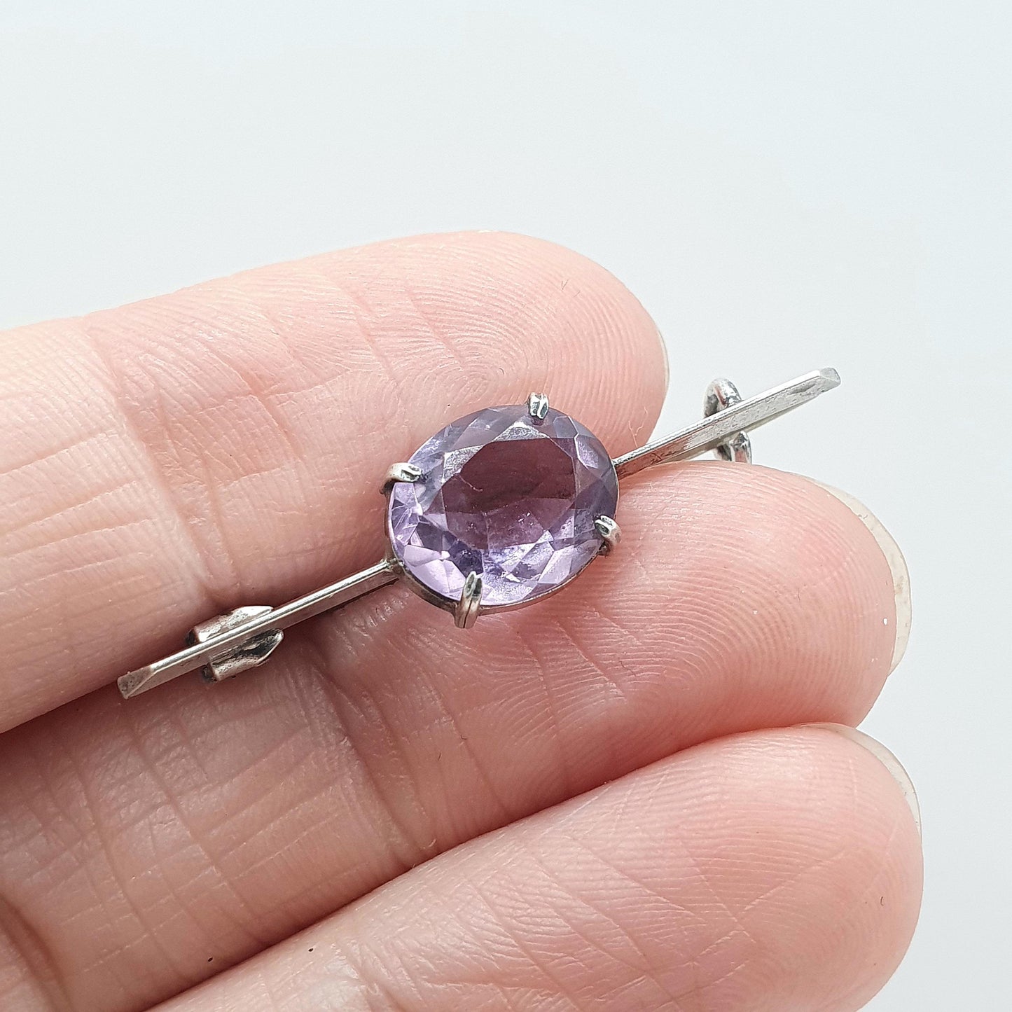 Antique Solid Silver Natural Amethyst Brooch Oval Cut Bar Pin Purple Quartz Gemstone Womens Unisex Jewelry