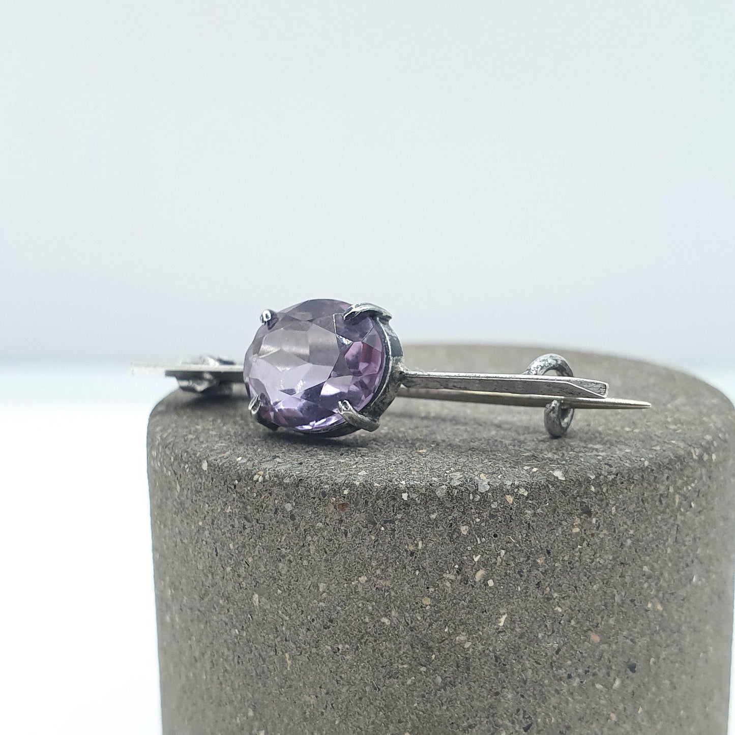 Antique Solid Silver Natural Amethyst Brooch Oval Cut Bar Pin Purple Quartz Gemstone Womens Unisex Jewelry