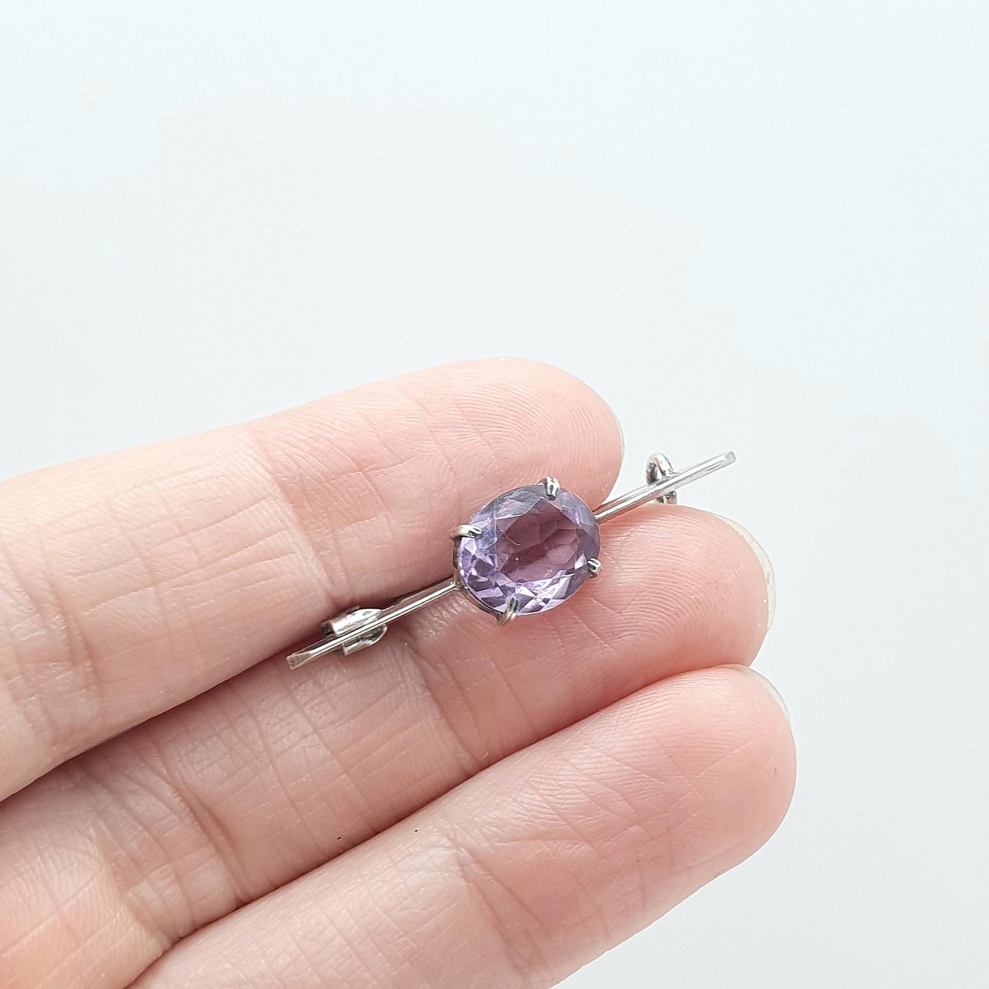 Antique Solid Silver Natural Amethyst Brooch Oval Cut Bar Pin Purple Quartz Gemstone Womens Unisex Jewelry