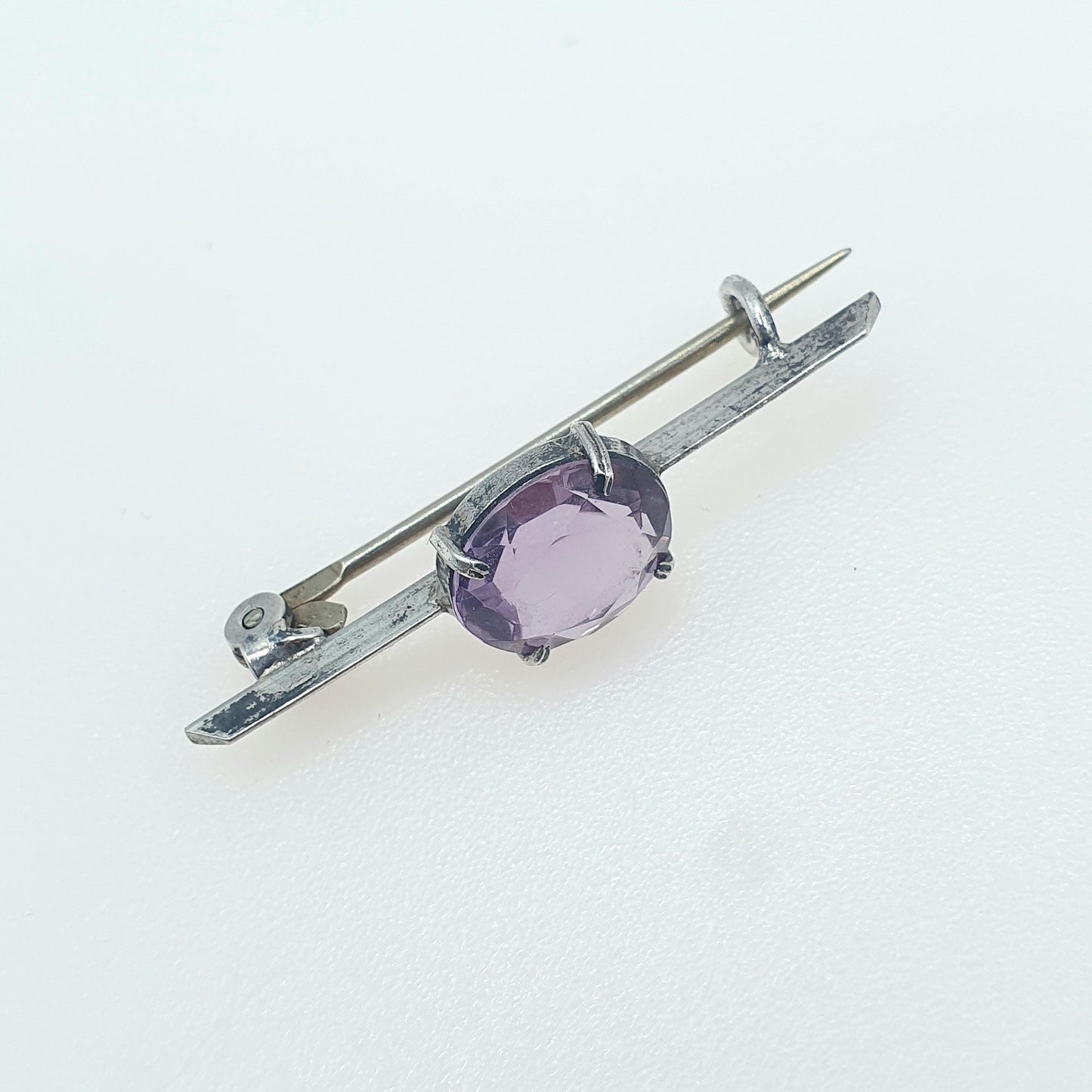 Antique Solid Silver Natural Amethyst Brooch Oval Cut Bar Pin Purple Quartz Gemstone Womens Unisex Jewelry