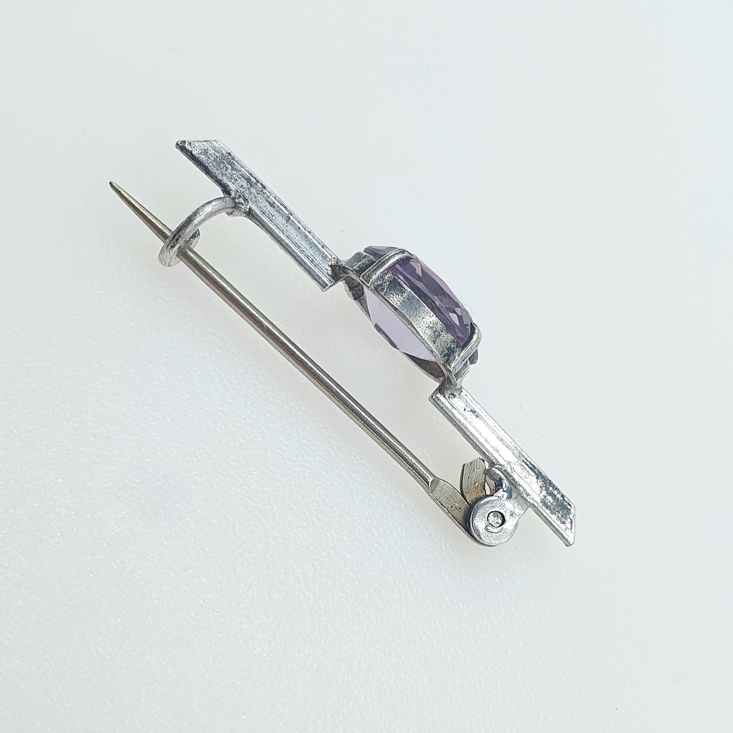 Antique Solid Silver Natural Amethyst Brooch Oval Cut Bar Pin Purple Quartz Gemstone Womens Unisex Jewelry
