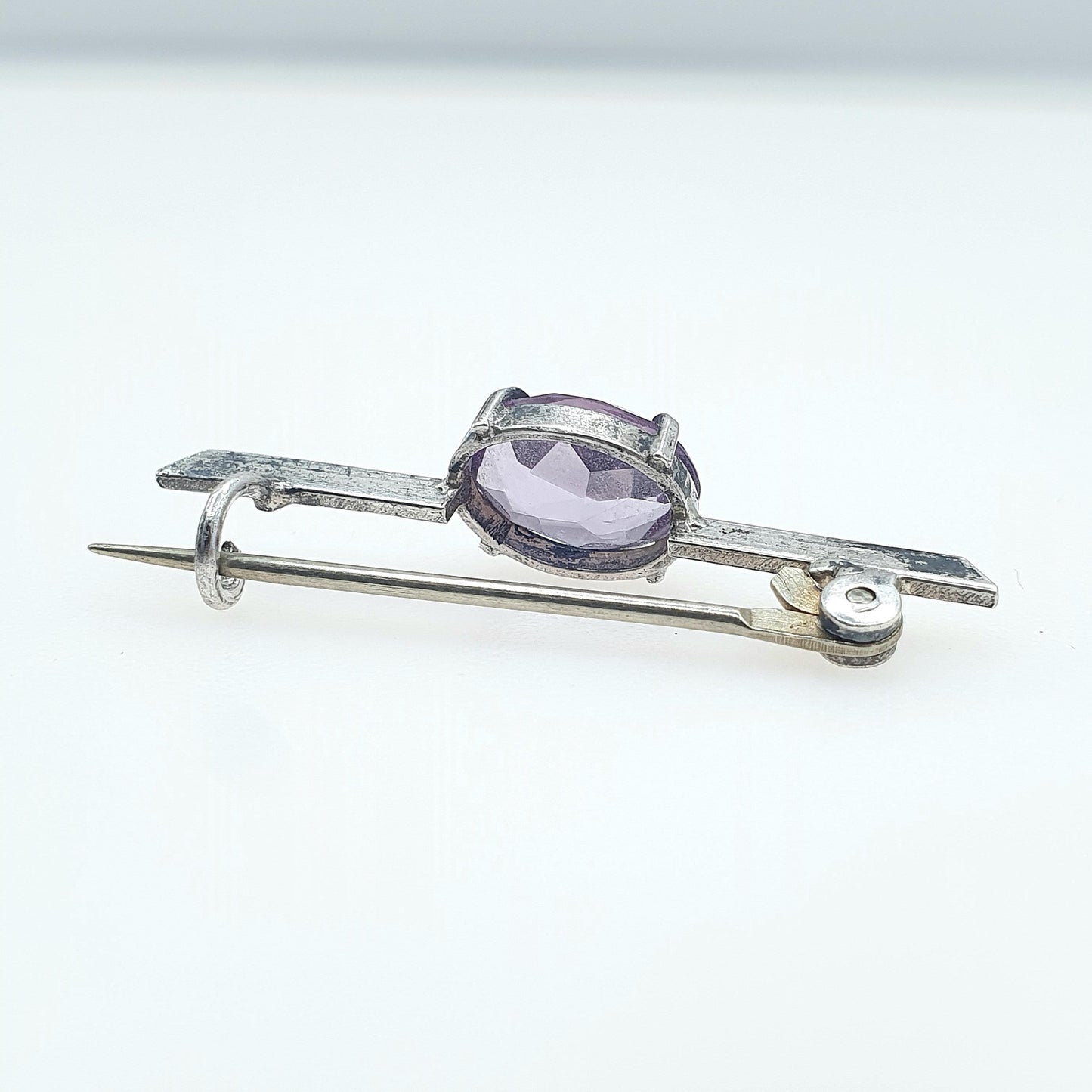 Antique Solid Silver Natural Amethyst Brooch Oval Cut Bar Pin Purple Quartz Gemstone Womens Unisex Jewelry