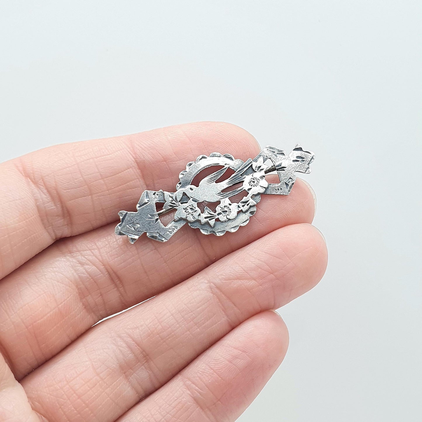 Antique Sterling Silver Bird Brooch Sweetheart Pin WW1 1918 Hallmark Gift Songbird Swallow Cute Jewelry Jewellery Womens Mens