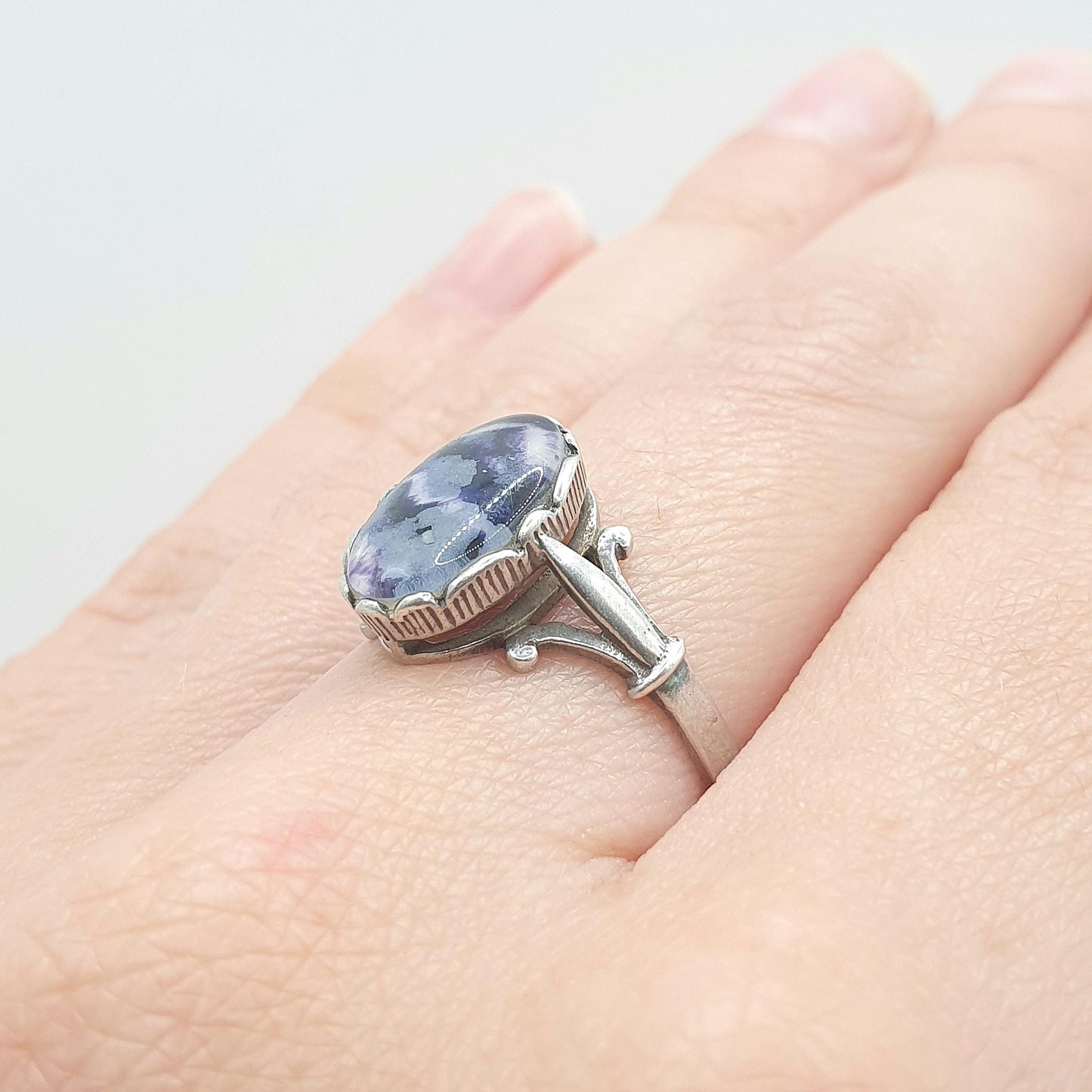 Vintage Sterling Silver Blue John Doublet Ring Oval Signet Womens Ladies Retro Oval Rare Gemstone Jewelry Jewellery UK O.5 US 7.5