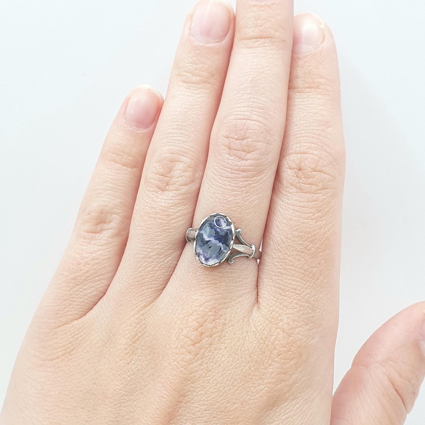 Vintage Sterling Silver Blue John Doublet Ring Oval Signet Womens Ladies Retro Oval Rare Gemstone Jewelry Jewellery UK O.5 US 7.5