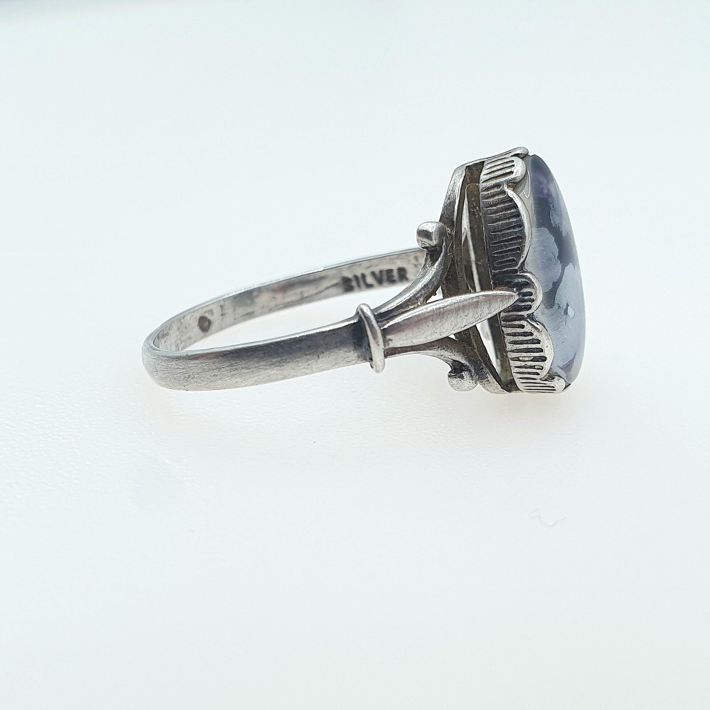 Vintage Sterling Silver Blue John Doublet Ring Oval Signet Womens Ladies Retro Oval Rare Gemstone Jewelry Jewellery UK O.5 US 7.5