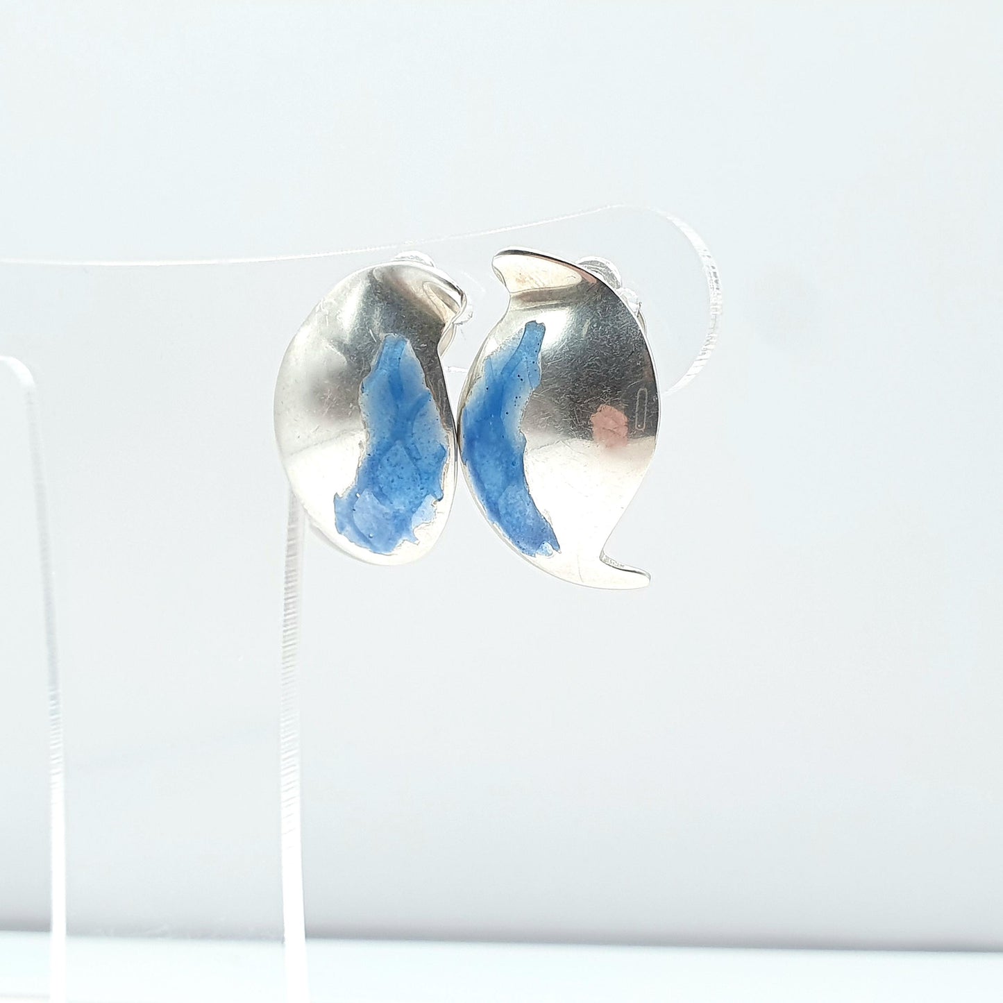 Vintage Sterling Silver Wave Enamel Earrings Modernist Minimalist Clip On Blue Cold Enamel Ladies Solid 925 Jewelry Retro Jewellery