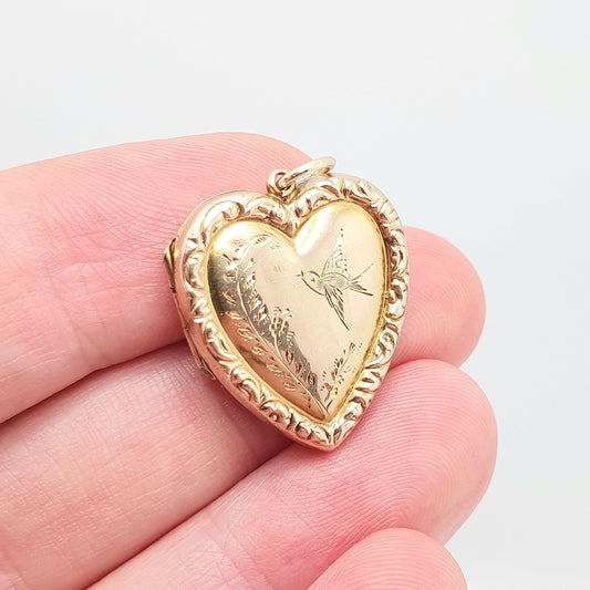 Antique 9ct Gold Bird Locket Heart Shape Back and Front Solid 9k 375 Pendant Necklace Jewelry Womens Vintage Jewellery