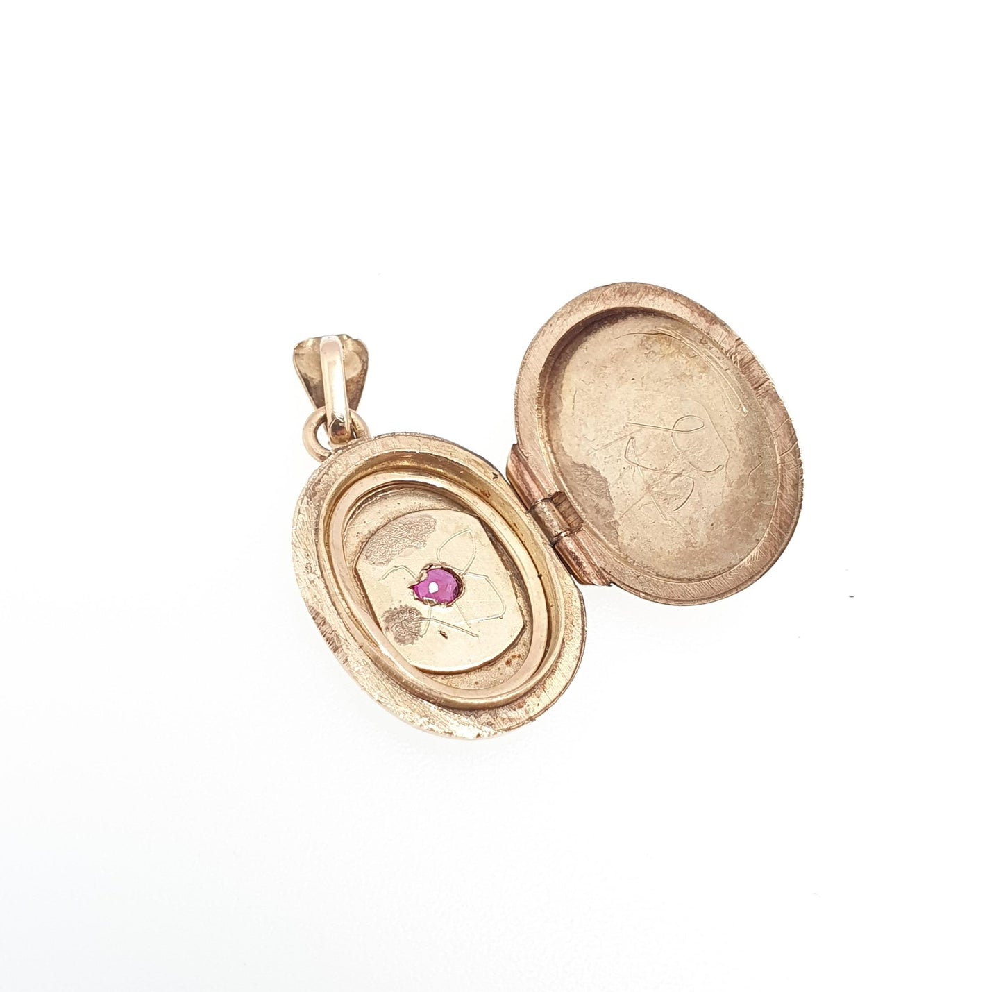 Vintage Solid 9ct 9k Gold Ruby Locket Small Oval All 9kt 9 Carat Star Centre Genuine Gemstone Necklace Photo Picture Pendant