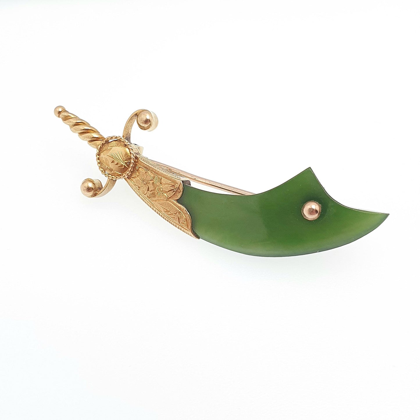 Antique 15ct Gold Scimitar New Zealand Jade Brooch Victorian Falchion Sword Solid 15 Carat 625 Nephrite Jadeite Jewellery Vintage Jewelry