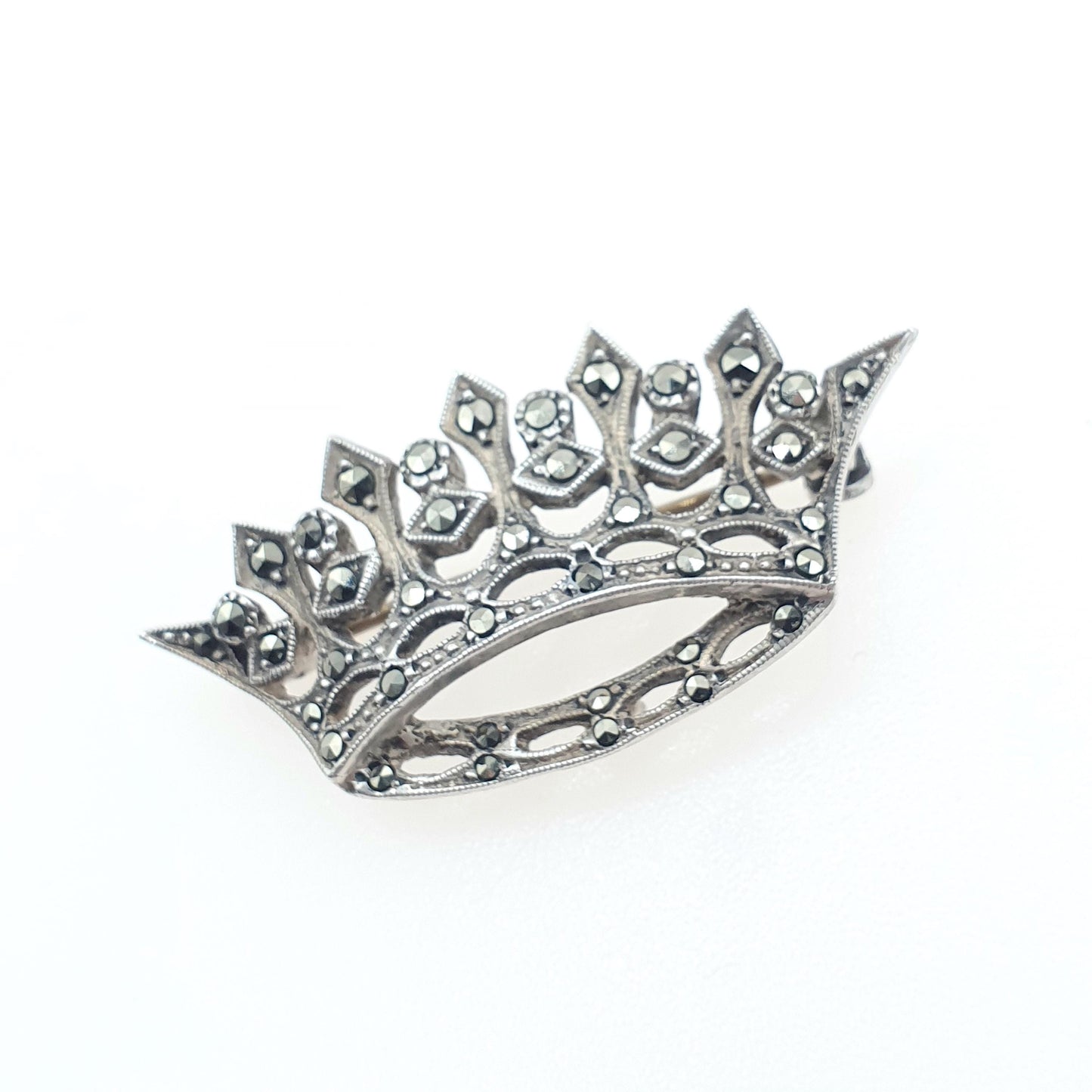 Antique Art Deco Sterling Silver Crown Brooch Marcasite Royal Royalty King Queen Mens Womens Jewelry Jewellery