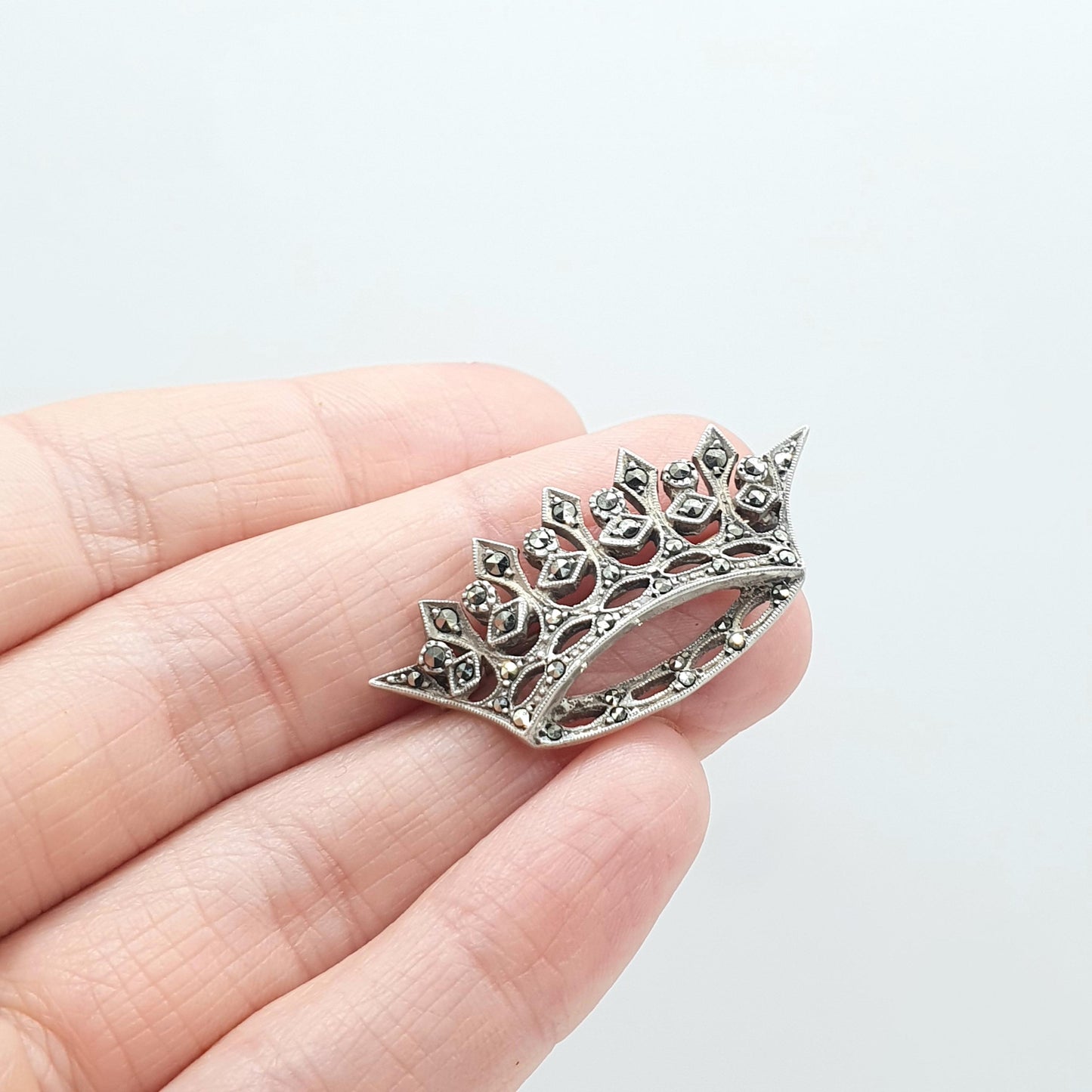Antique Art Deco Sterling Silver Crown Brooch Marcasite Royal Royalty King Queen Mens Womens Jewelry Jewellery