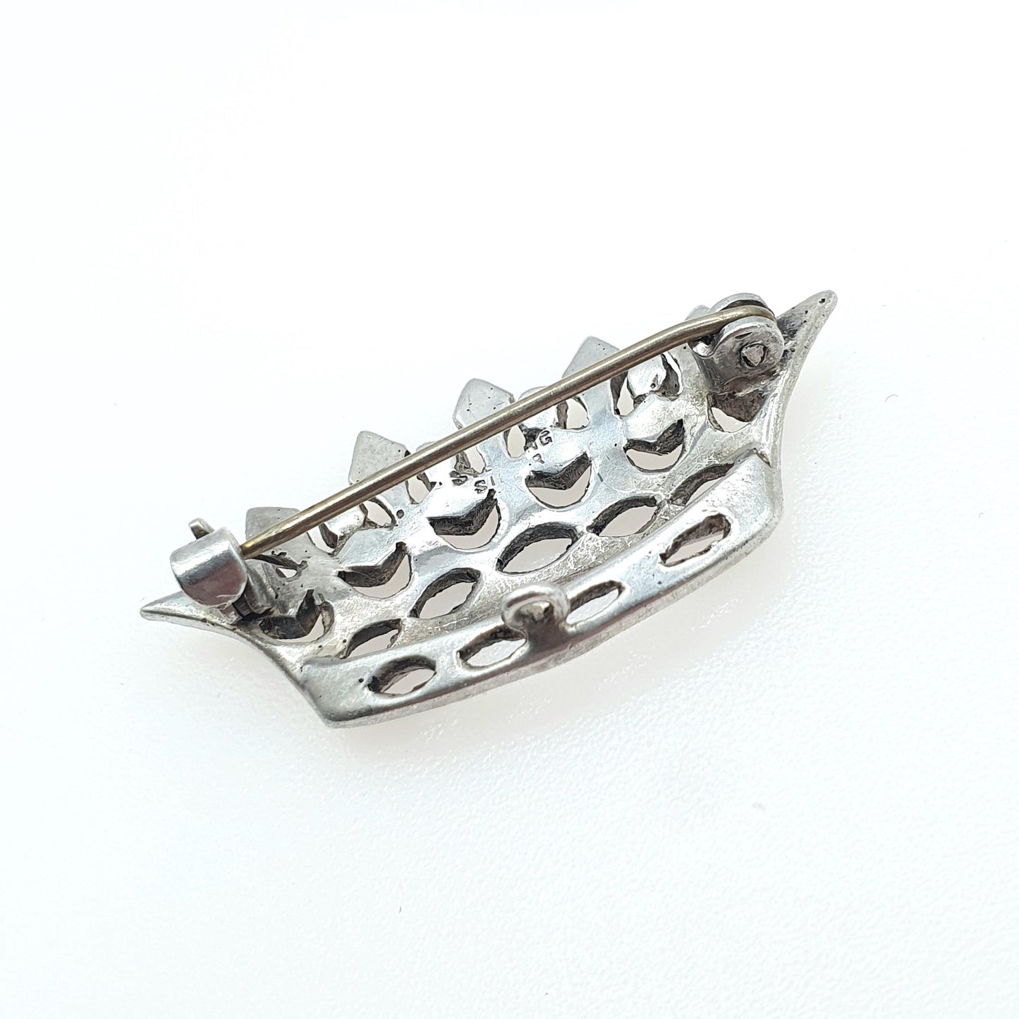 Antique Art Deco Sterling Silver Crown Brooch Marcasite Royal Royalty King Queen Mens Womens Jewelry Jewellery