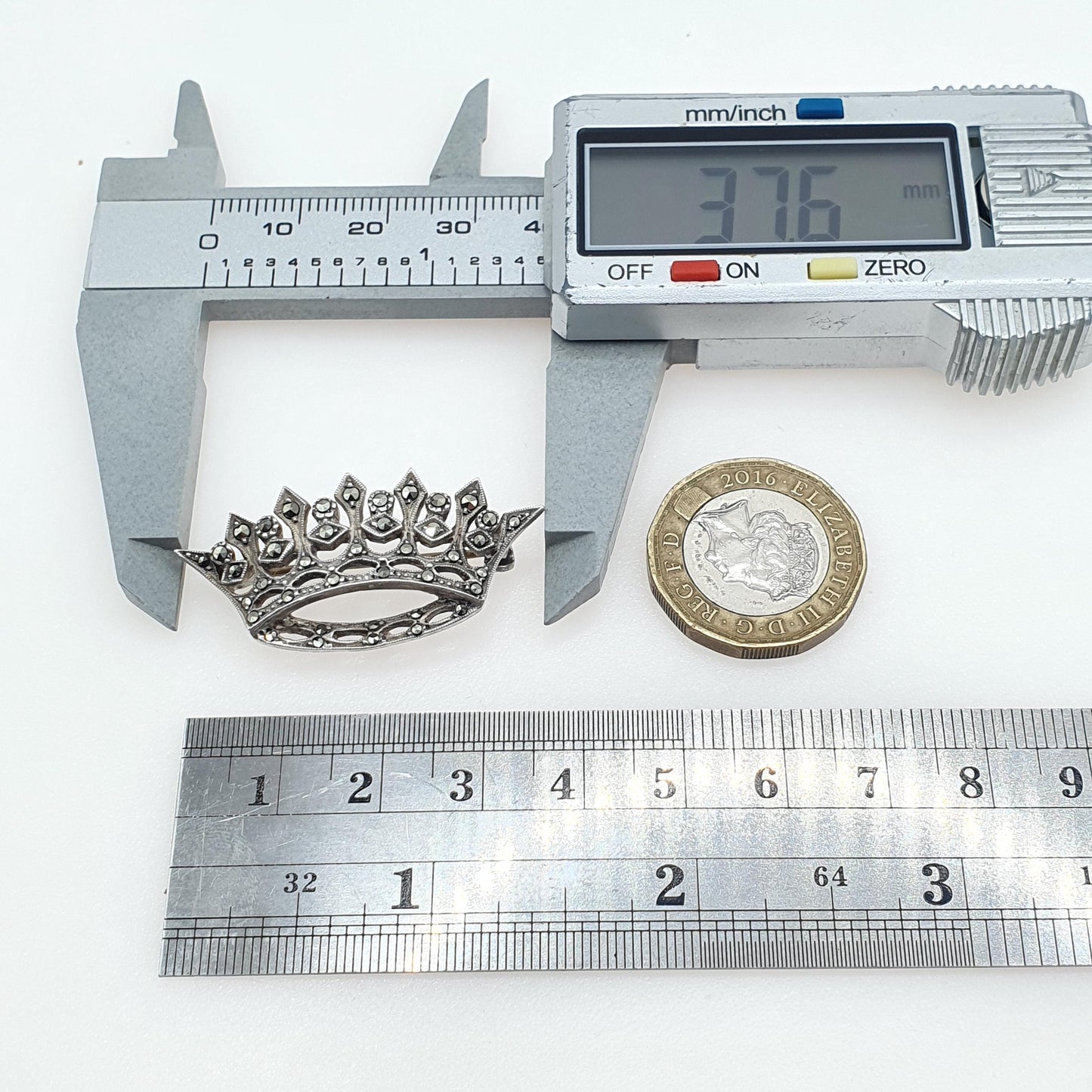 Antique Art Deco Sterling Silver Crown Brooch Marcasite Royal Royalty King Queen Mens Womens Jewelry Jewellery
