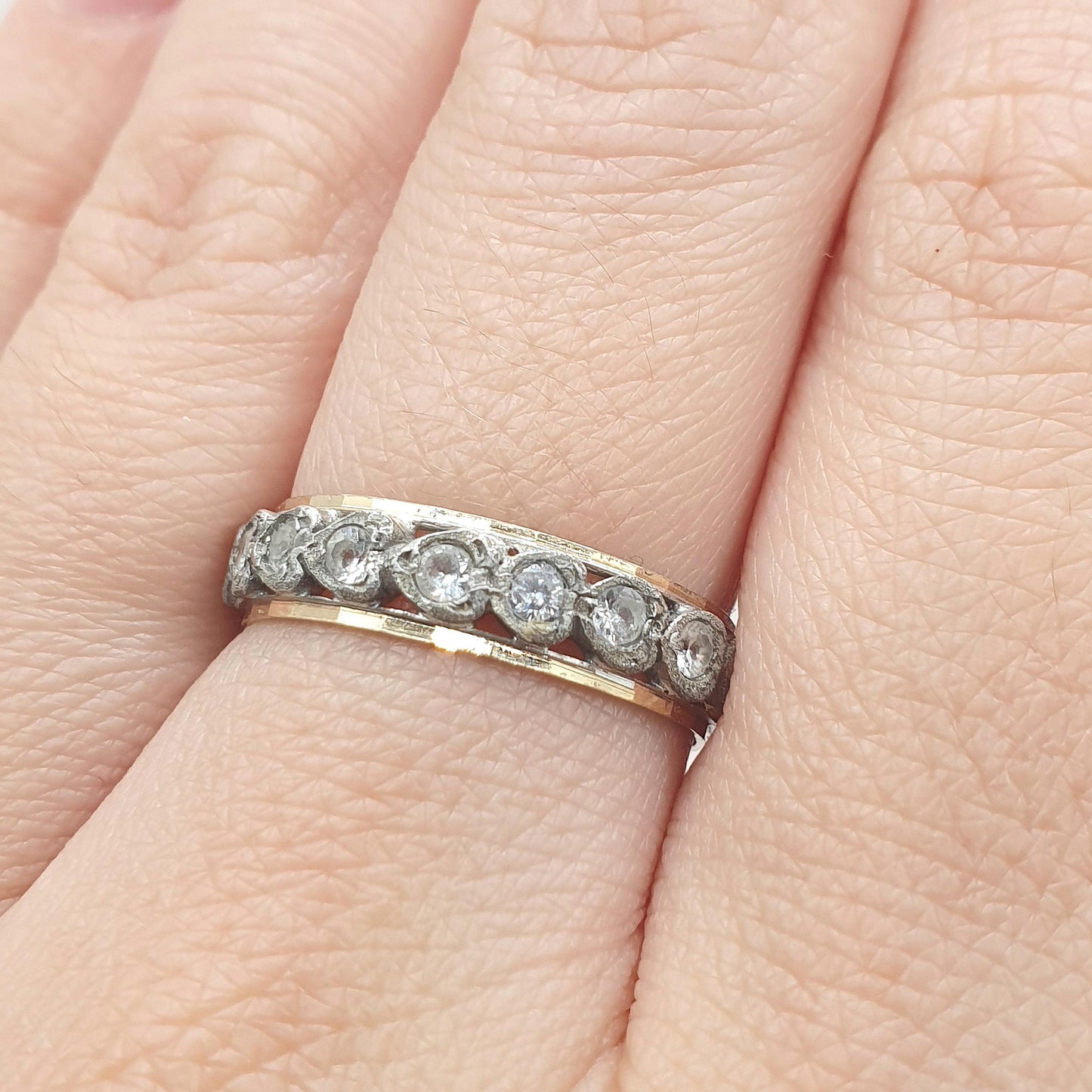 Antique Art Deco 9ct Gold & Solid Silver White Spinel Eternity Ring Heart Border Sparkly Womens Jewelry Jewellery UKO.5 US7.5