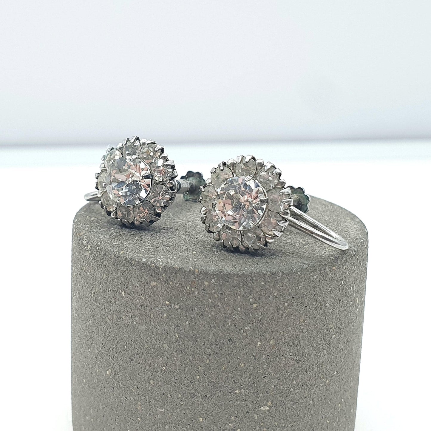 Antique Solid Silver Diamond Paste Cluster Earrings Screw Back Vintage Art Deco 1920s Vintage Womens Jewelry Jewellery