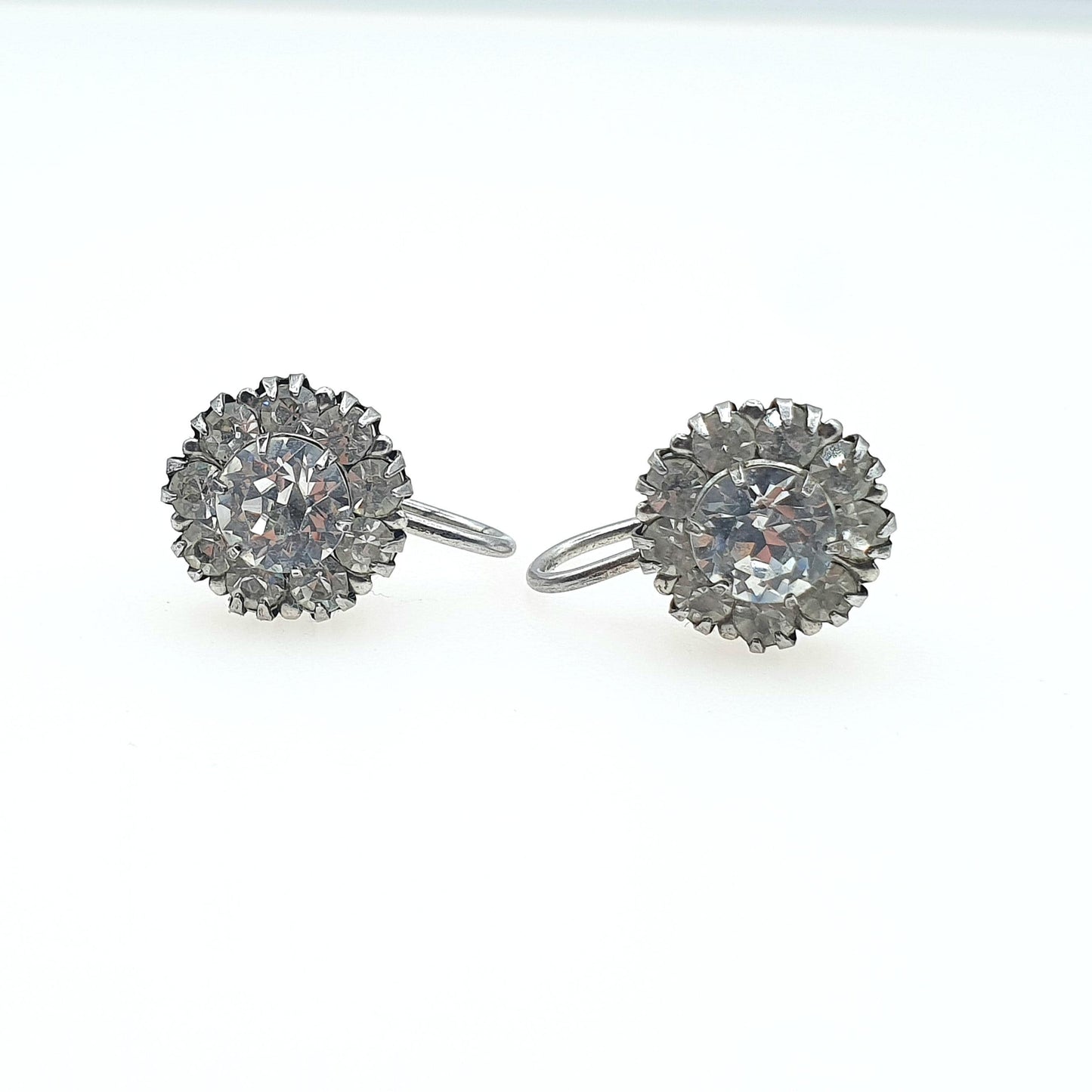 Antique Solid Silver Diamond Paste Cluster Earrings Screw Back Vintage Art Deco 1920s Vintage Womens Jewelry Jewellery