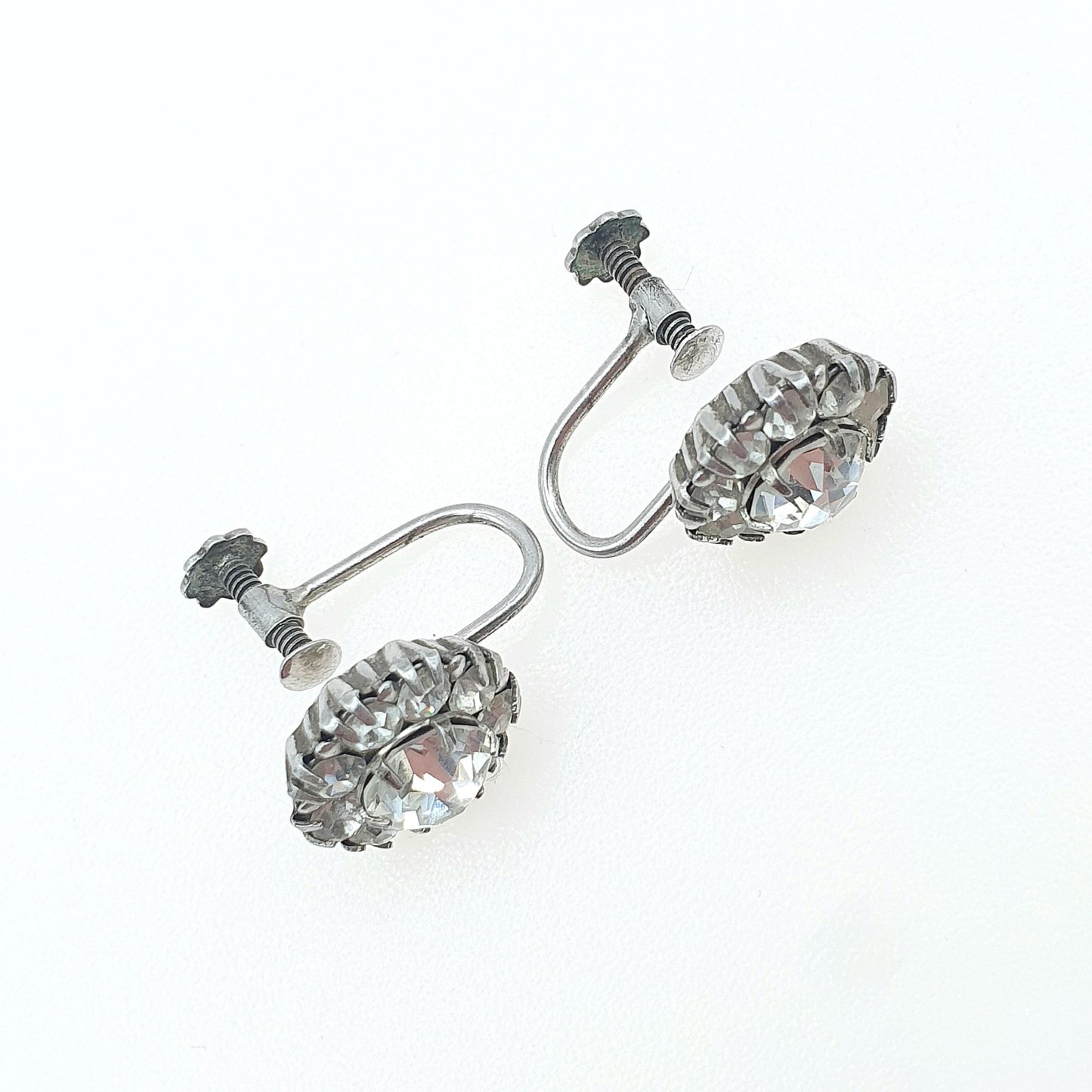 Antique Solid Silver Diamond Paste Cluster Earrings Screw Back Vintage Art Deco 1920s Vintage Womens Jewelry Jewellery