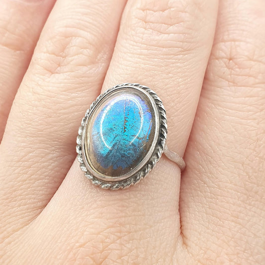 Antique Art Deco Sterling Silver Butterfly Wing Ring Oval Insect Blue Morpho 1920s Vintage Womens Jewellery Jewelry