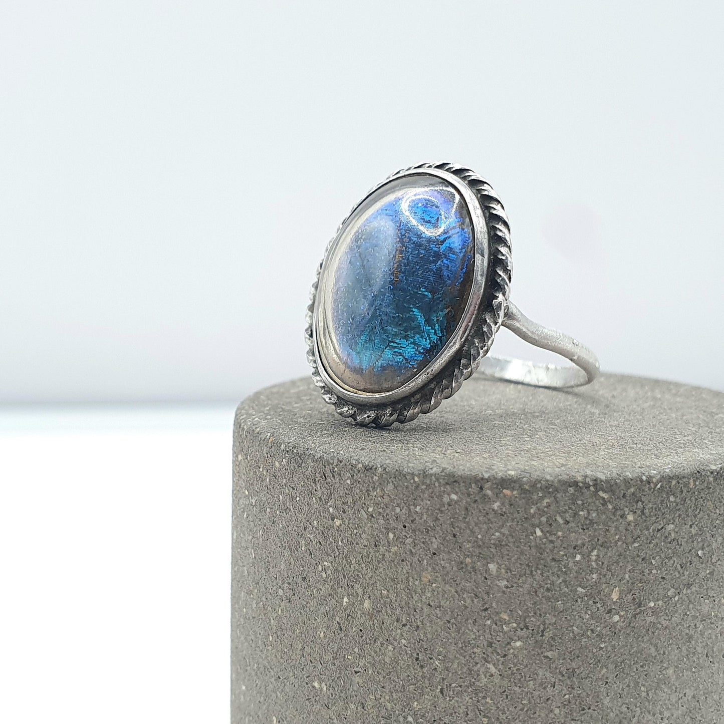 Antique Art Deco Sterling Silver Butterfly Wing Ring Oval Insect Blue Morpho 1920s Vintage Womens Jewellery Jewelry
