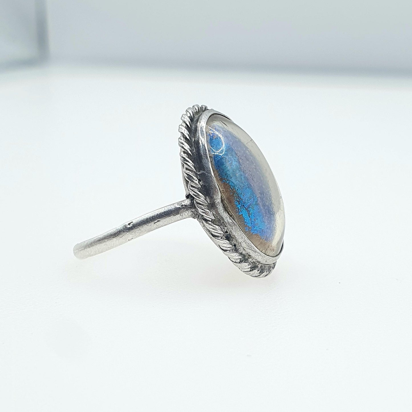 Antique Art Deco Sterling Silver Butterfly Wing Ring Oval Insect Blue Morpho 1920s Vintage Womens Jewellery Jewelry