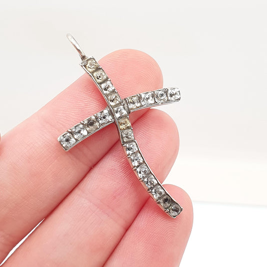 Antique Georgian Solid Silver Paste Cross Pendant Crucifix Necklace Black Dot Diamond Pastes Jewellery Jewelry