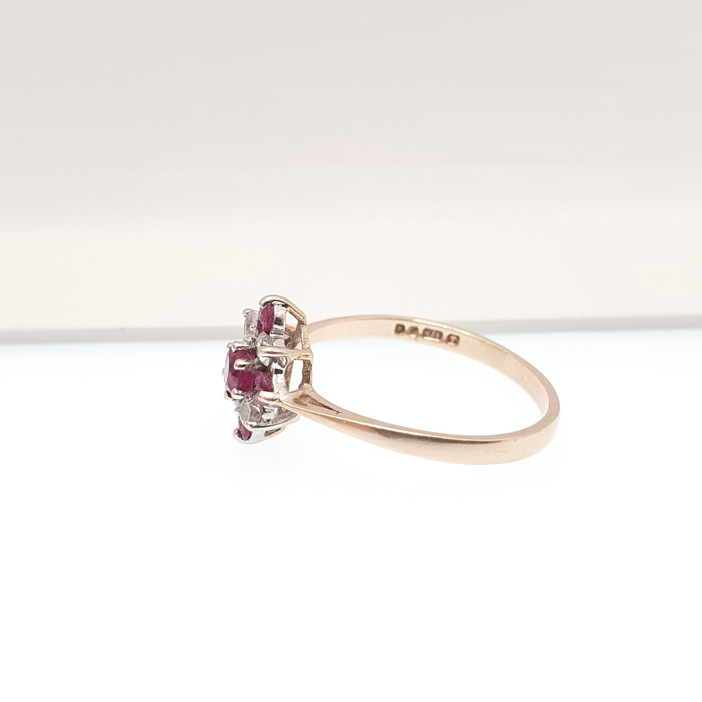 Vintage 9k 9ct Gold Ruby Ring Kite Cluster 1983 Hallmarked CZ Solid 9kt Red Genuine Gemstone Womens Jewelry Jewellery