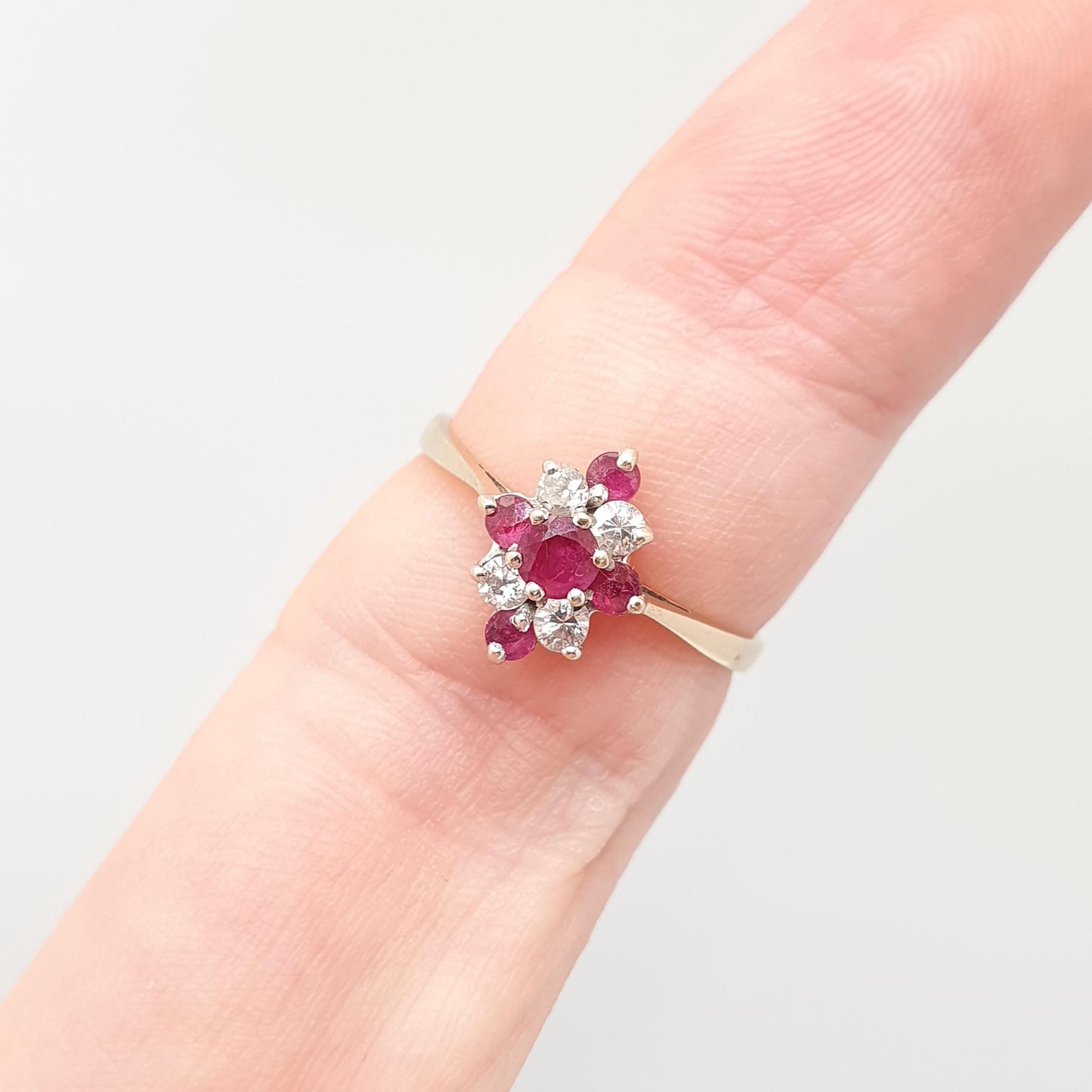 Vintage 9k 9ct Gold Ruby Ring Kite Cluster 1983 Hallmarked CZ Solid 9kt Red Genuine Gemstone Womens Jewelry Jewellery