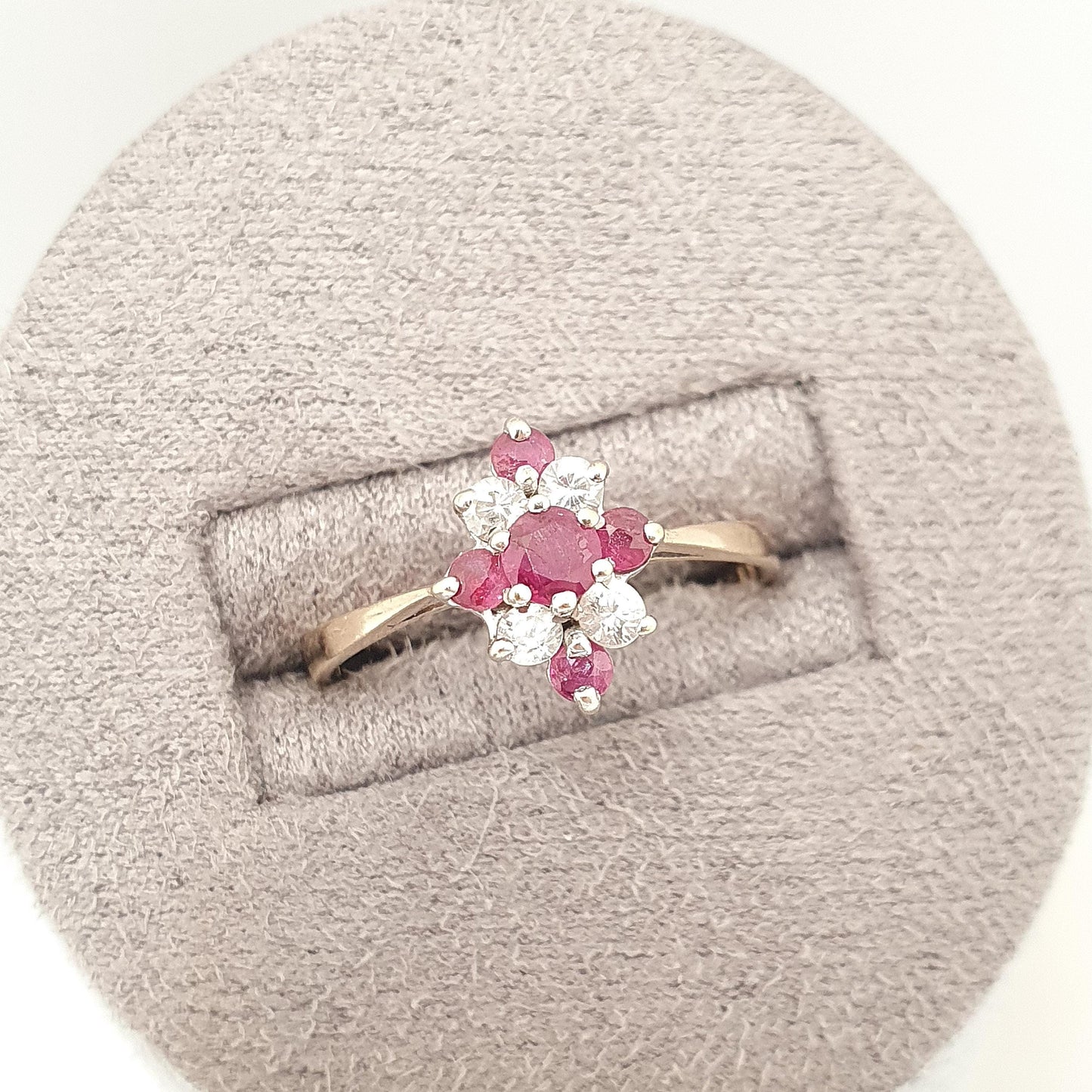 Vintage 9k 9ct Gold Ruby Ring Kite Cluster 1983 Hallmarked CZ Solid 9kt Red Genuine Gemstone Womens Jewelry Jewellery