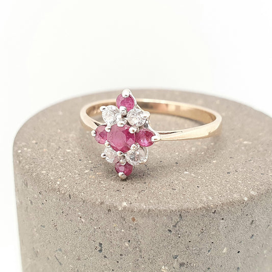 Vintage 9k 9ct Gold Ruby Ring Kite Cluster 1983 Hallmarked CZ Solid 9kt Red Genuine Gemstone Womens Jewelry Jewellery