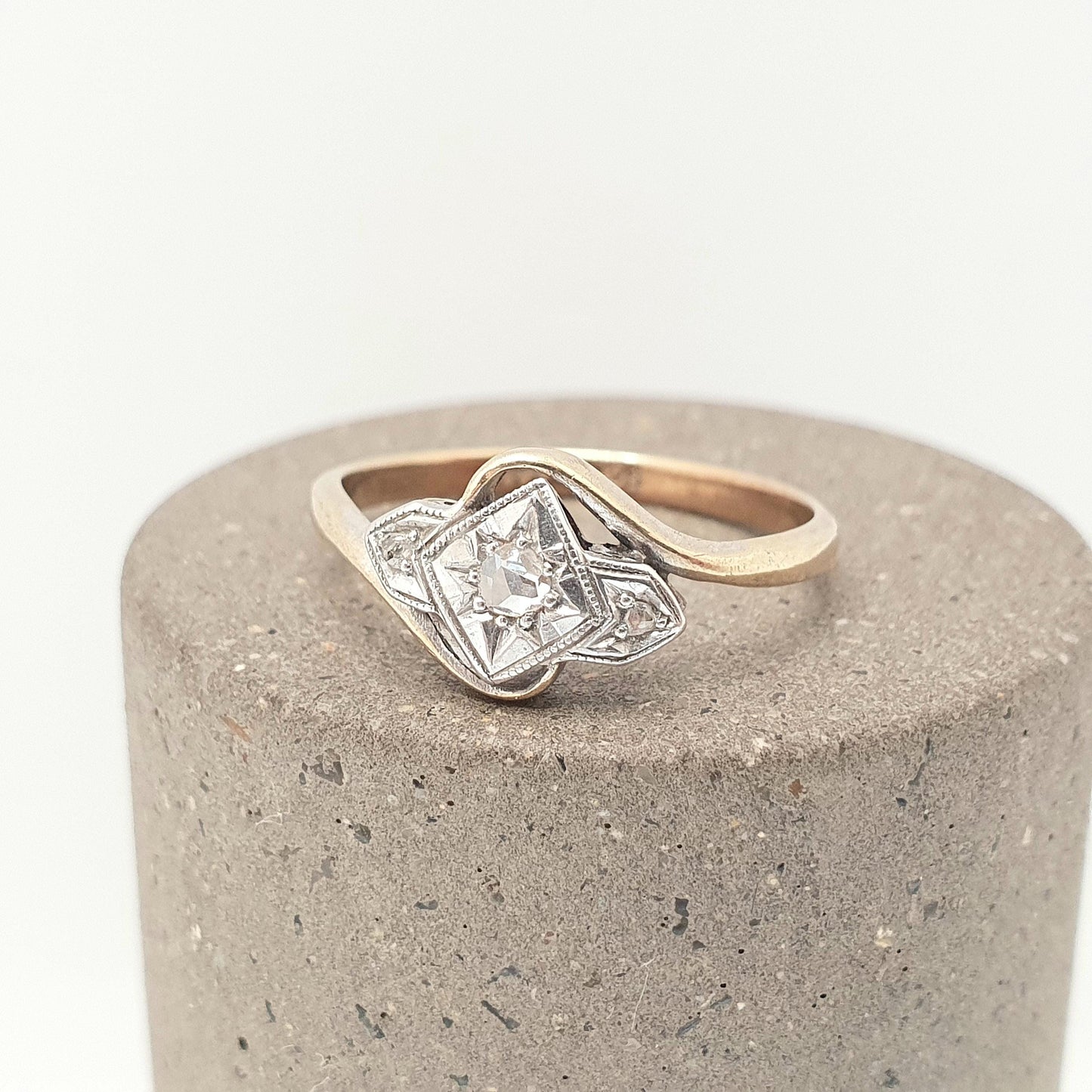 Antique 9ct Gold Diamond Ring Art Deco Old Cut Crossover Solid 9k 9kt Natural Diamonds Vintage 1920s Womens Jewelry Jewellery