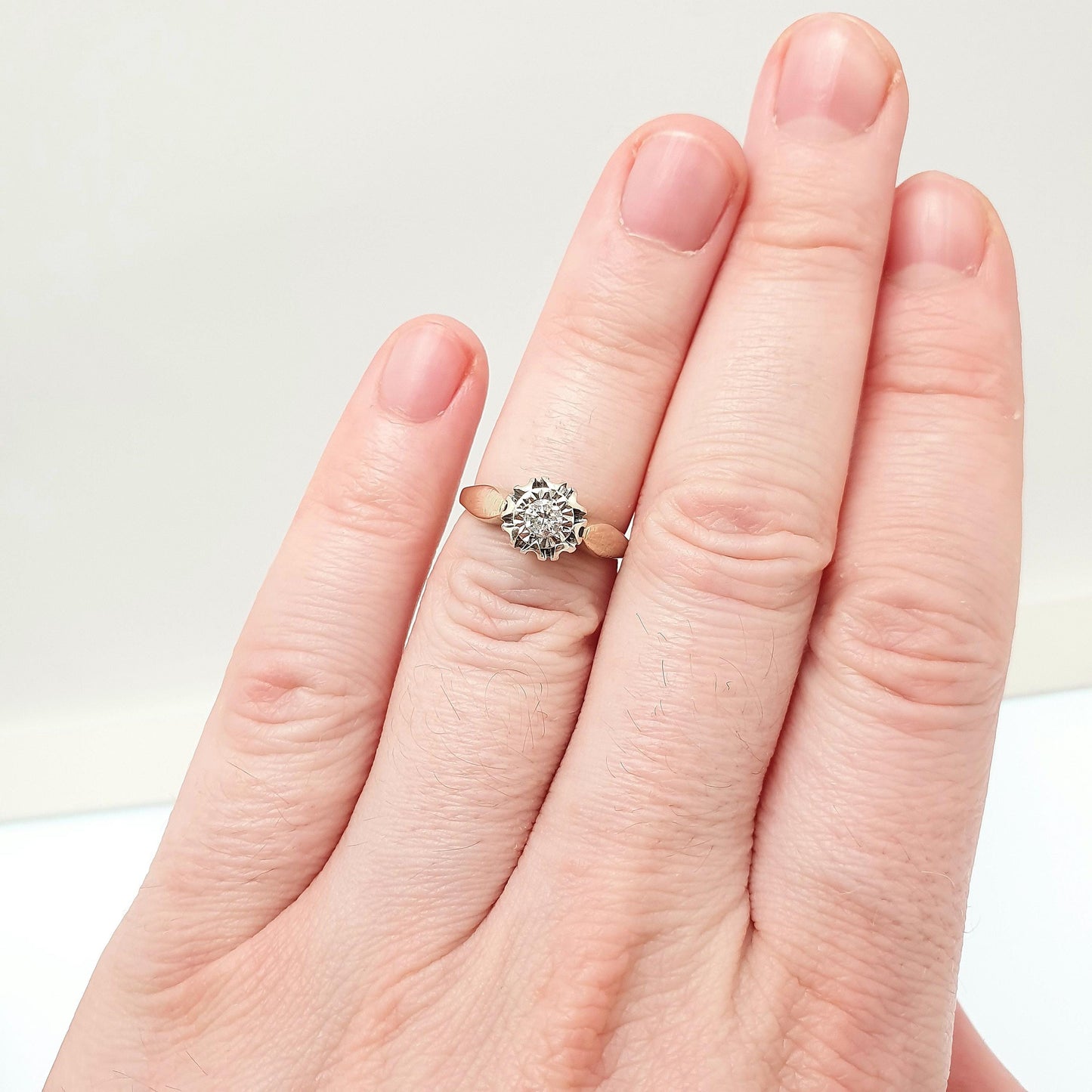 Vintage 9ct Gold Diamond Ring 0.18ct Solitaire Illusion Star Setting Solid 9k 375 9kt Natural Gemstone White Gold Womens Jewelry Jewellery