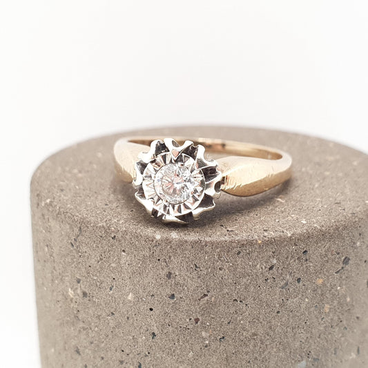 Vintage 9ct Gold Diamond Ring 0.18ct Solitaire Illusion Star Setting Solid 9k 375 9kt Natural Gemstone White Gold Womens Jewelry Jewellery