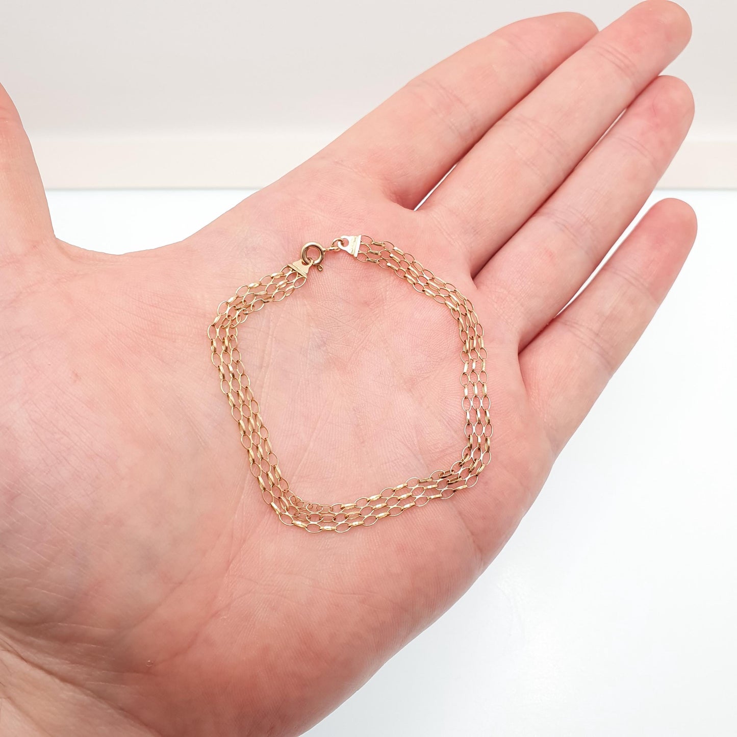 Vintage 9k 9ct Gold Chain Bracelet 3 Strand Cable Link Oval Links 18cm 7" 1.64g Yellow Solid 375 9 Carat Womens Retro Jewelry