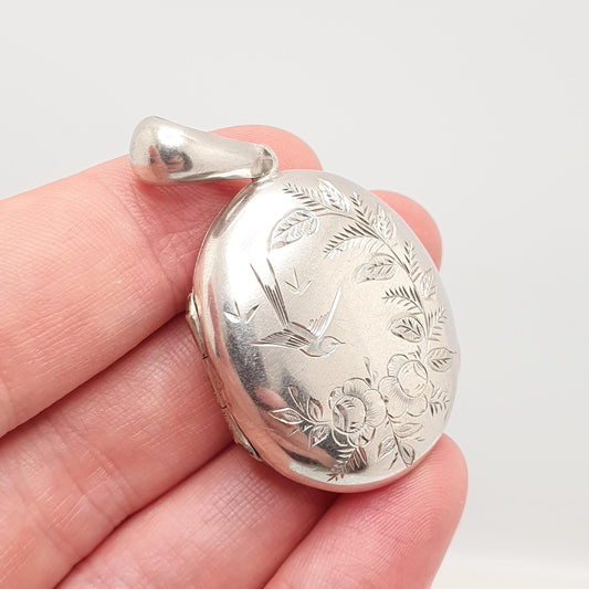 Antique Victorian Solid Silver Bird Locket Floral Flower Pendant Picture Photo Aesthetic Vintage Womens Jewelry Jewellery