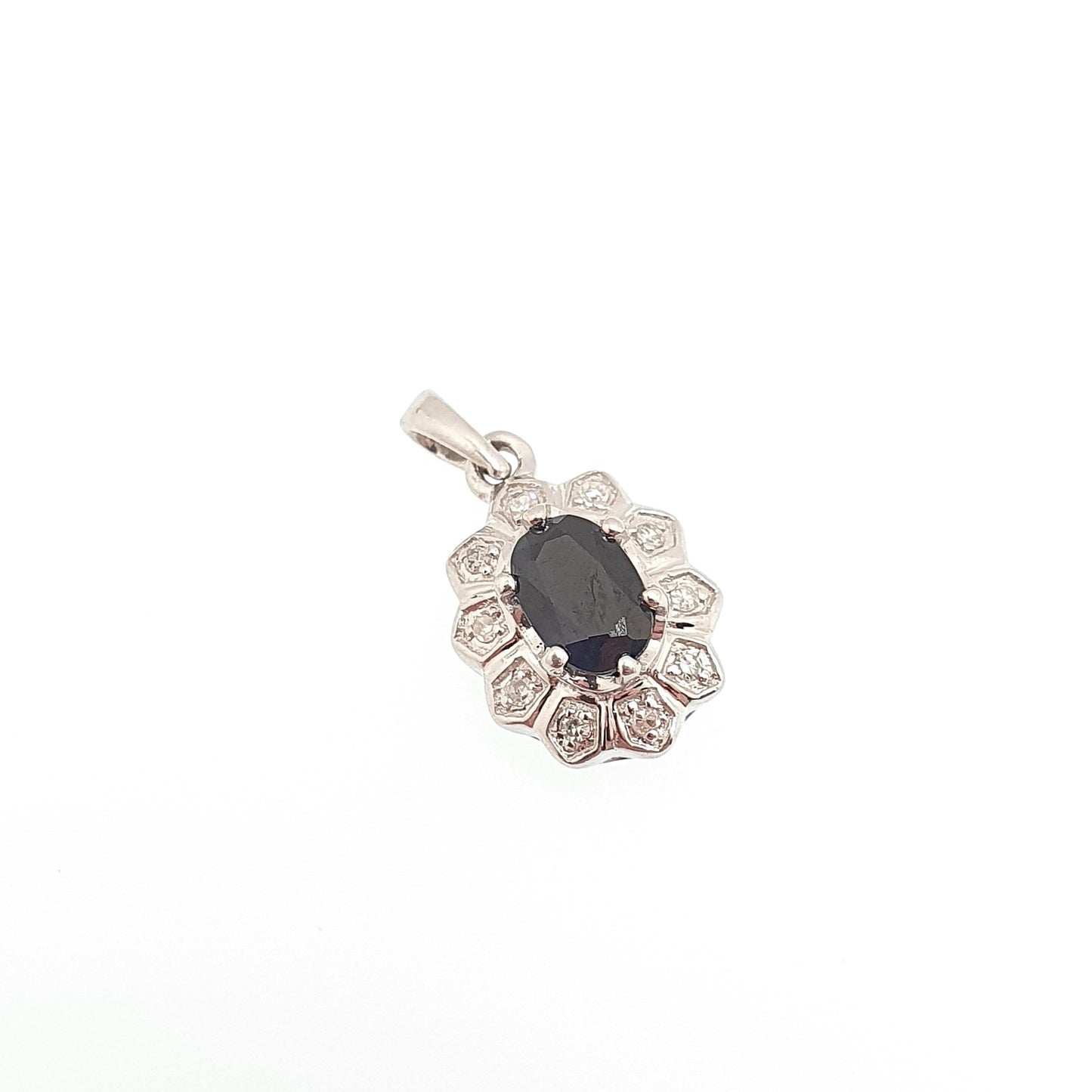 Vintage 9ct Gold Sapphire & Diamond Pendant White Gold Cluster Halo Solid 375 9k Genuine Gemstone Necklace Jewelry Jewellery