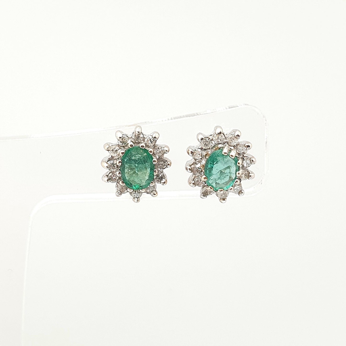 Vintage 9ct Gold Emerald & Diamond Stud Earrings Cluster Halo Solid 9k 375 Oval Cut Genuine Gemstone Jewelry Jewellery