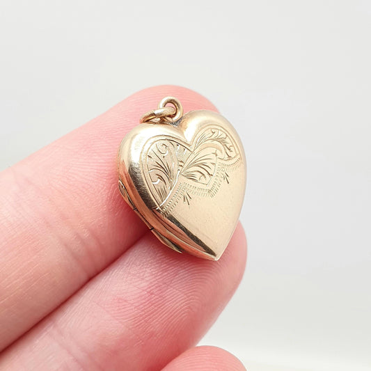 Antique 9ct Gold Heart Locket Cute Engraved Solid 9k 375 Pendant Love Gift Back & Front Necklace Jewelry Womens Jewellery