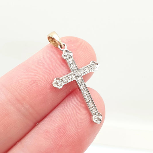Vintage 9ct Gold Diamond Cross Crucifix Pendant 01.ct of Natural Diamonds Solid 9k 9kt 375 Necklace White Gold Jewelry