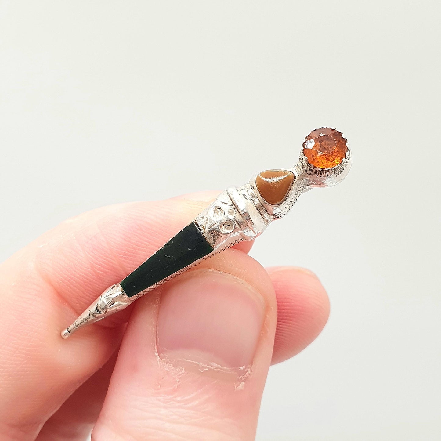 CHARLES HORNER Old Vintage Sterling Silver Dirk Pin Brooch Agate and Citrine Paste Scottish Scotland Kilt Cairngorm Jewelry Jewellery