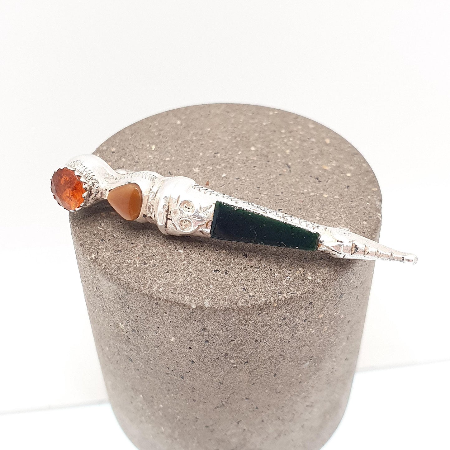 CHARLES HORNER Old Vintage Sterling Silver Dirk Pin Brooch Agate and Citrine Paste Scottish Scotland Kilt Cairngorm Jewelry Jewellery