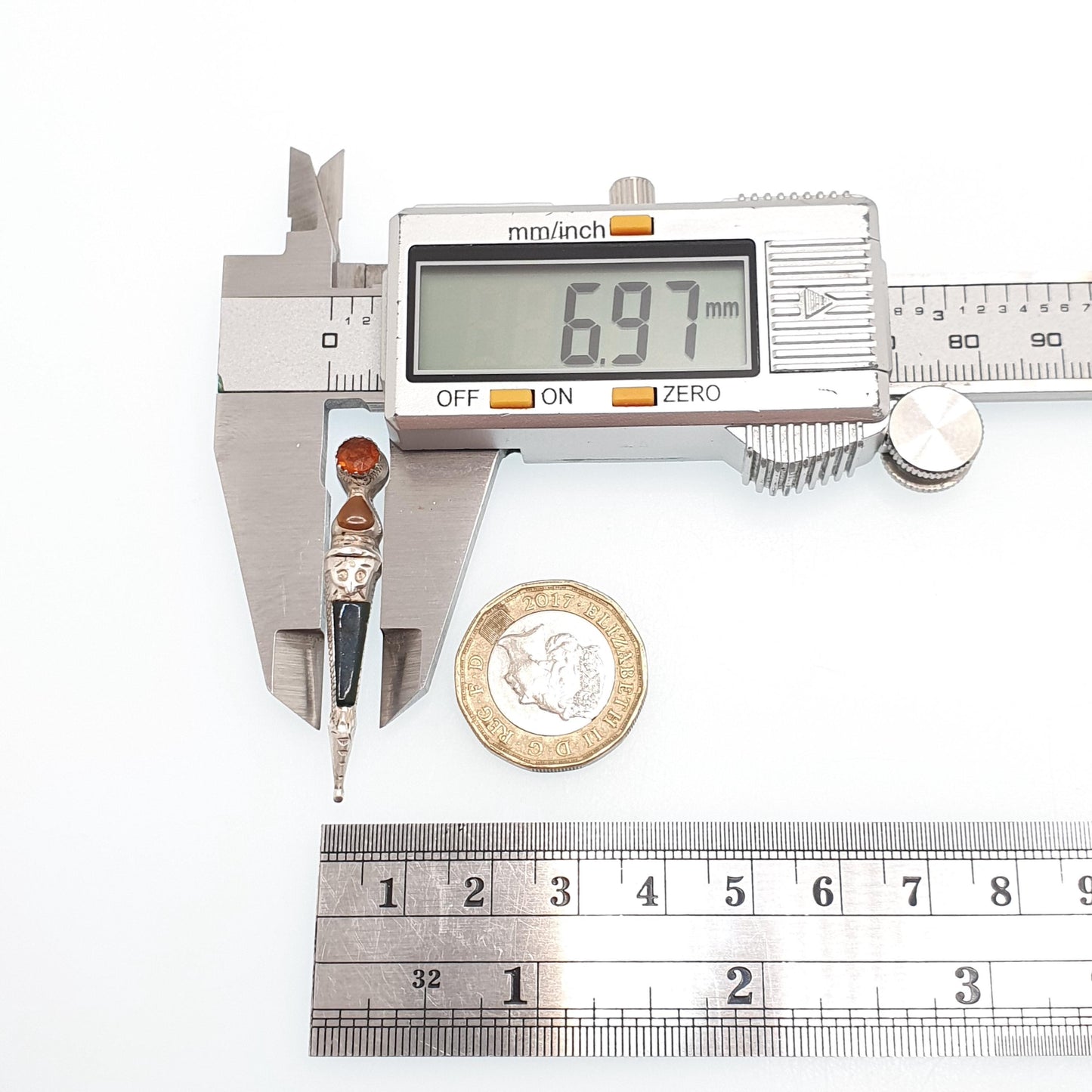 CHARLES HORNER Old Vintage Sterling Silver Dirk Pin Brooch Agate and Citrine Paste Scottish Scotland Kilt Cairngorm Jewelry Jewellery