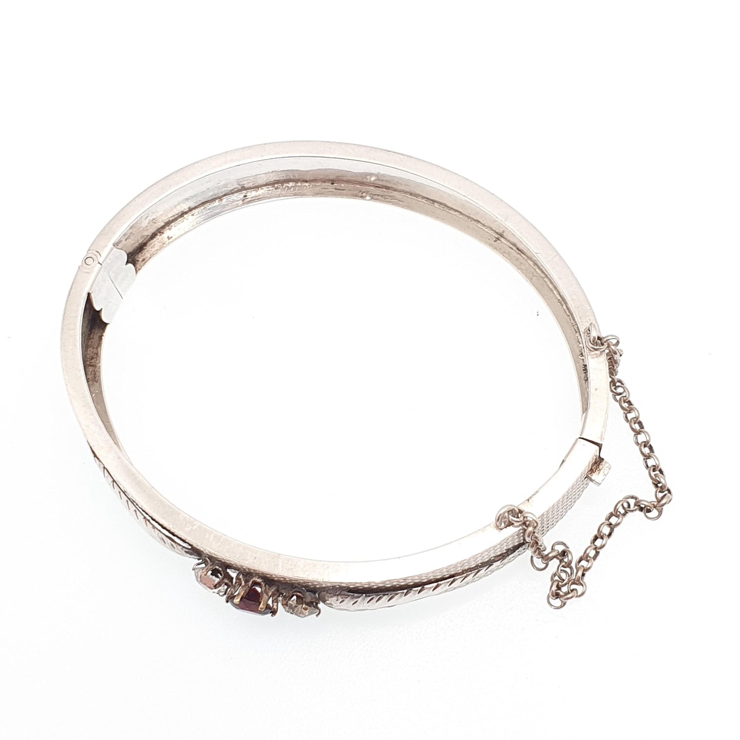 Antique Victorian Solid Silver Garnet & Paste Snap Bangle Bracelet Dimpled Effect 800 Stamp 14.46g Vintage Womens Jewelry