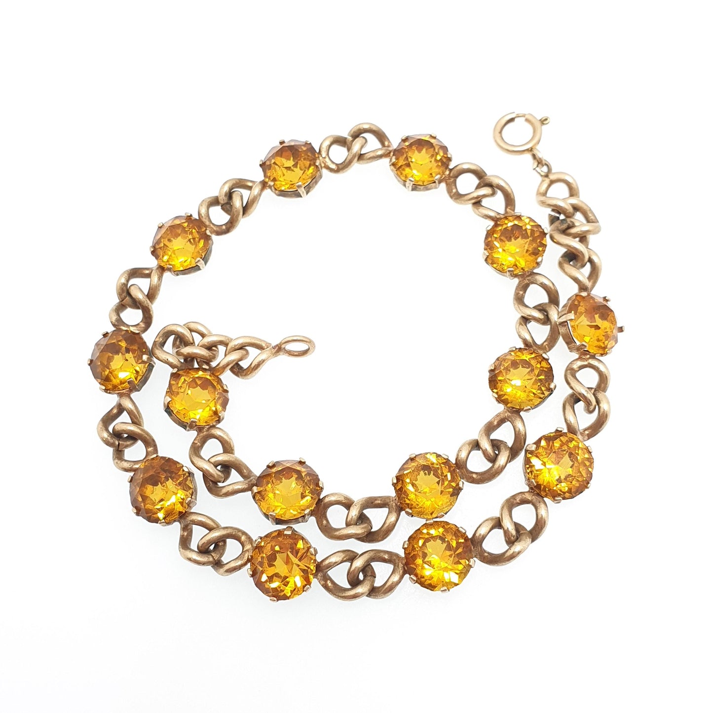 Antique Victorian Citrine Paste Curb Link Chain Necklace Gold Gilt Base Metal Large Pastes Round Cut Womens Vintage Jewelry Jewellery