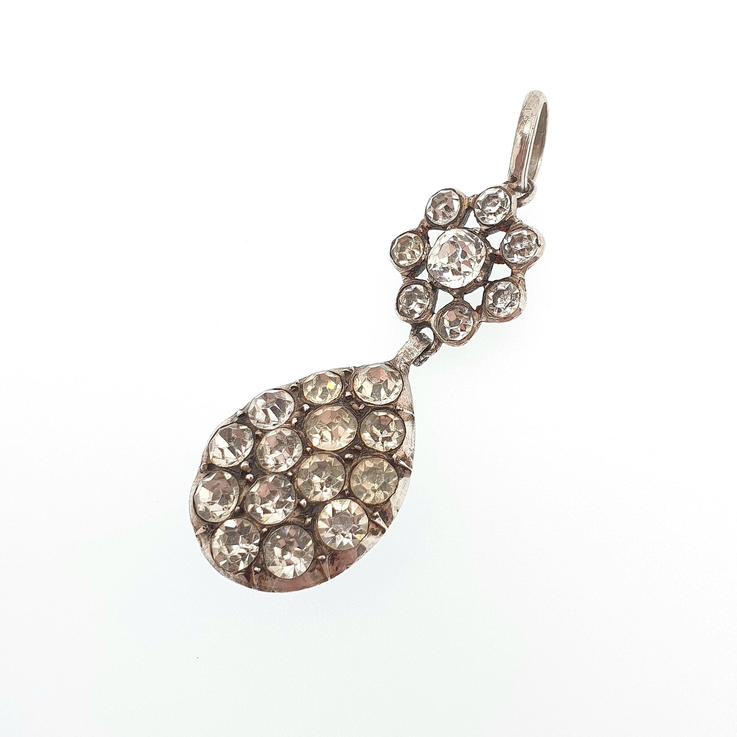 Antique Victorian Solid Silver Diamond Paste Necklace Pendant Cluster Pear Shape French Old Cut Sparkly Foiled Womens Jewelry