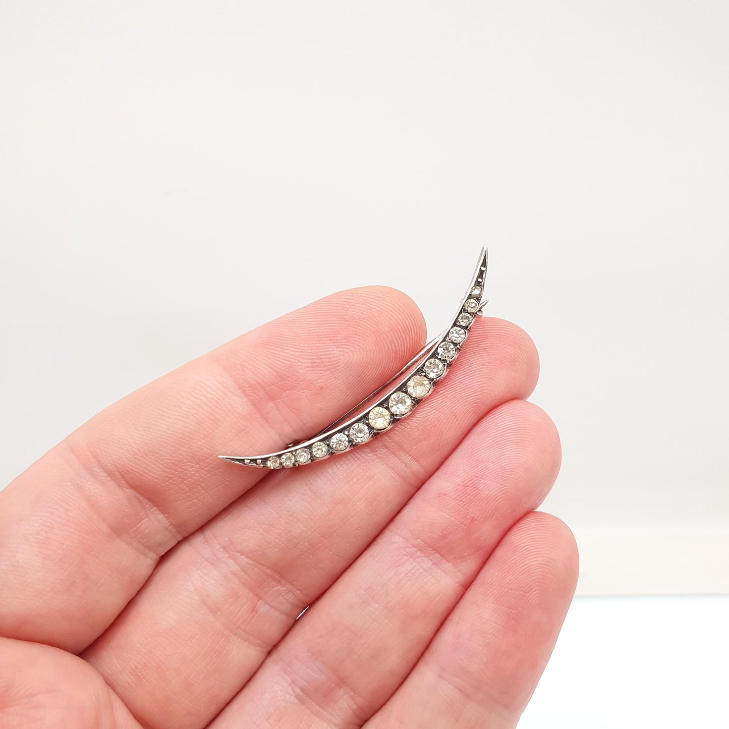Antique Solid Silver Crescent Moon Diamond Paste Brooch Victorian Sparkly Vintage Celestial Womens Jewelry Jewellery 1800s